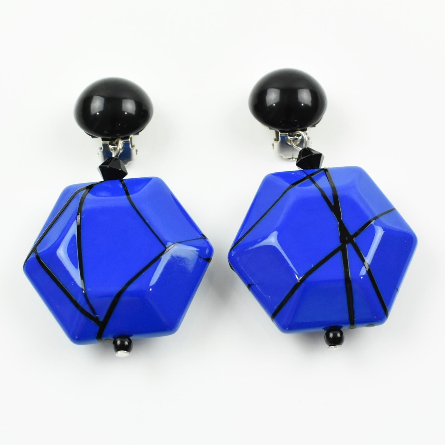 Modern Angela Caputi Black and Electric Blue Dangling Resin Clip On Earrings