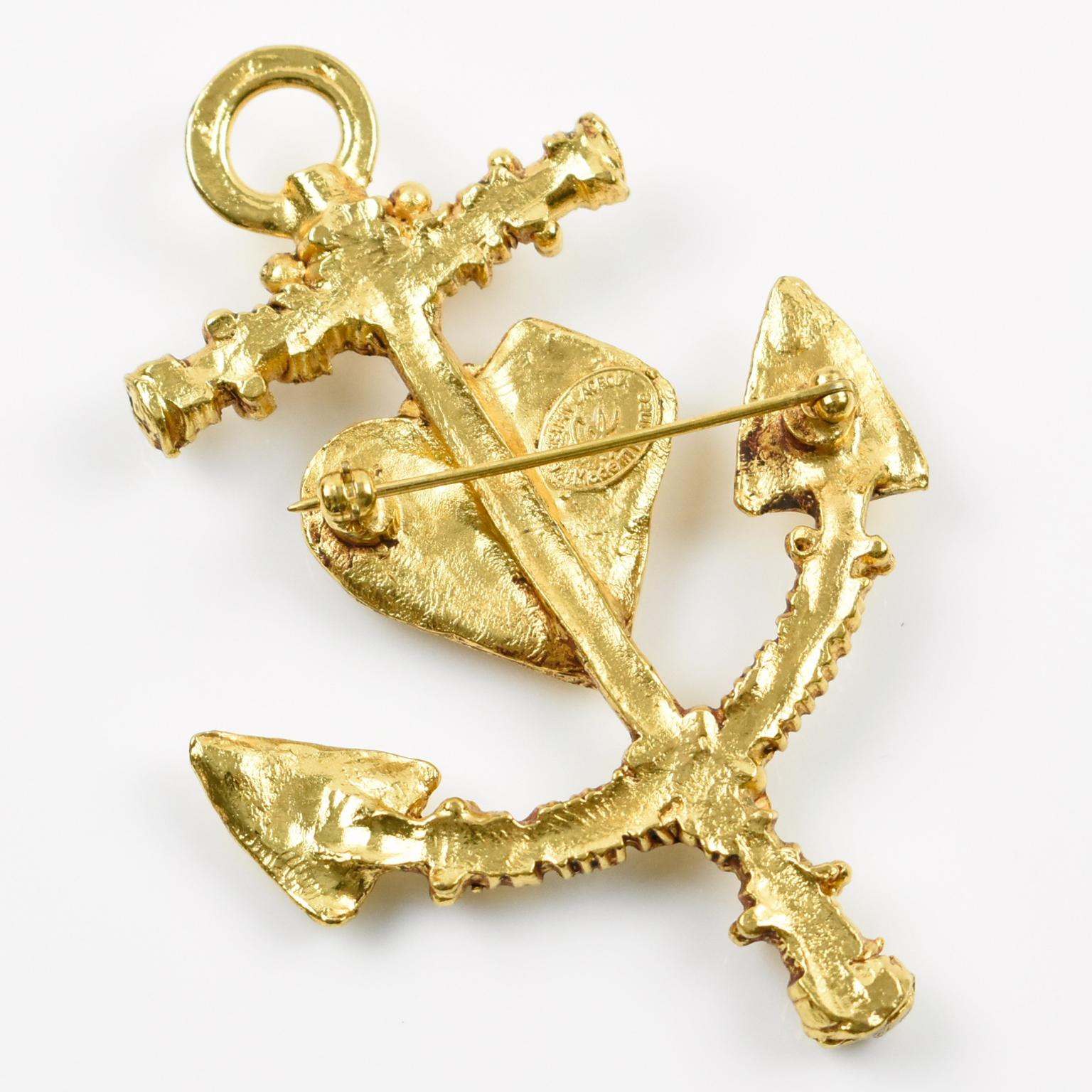 Women's or Men's Christian Lacroix Paris Signed Large Gilt Metal Anchor Pin Brooch with Heart