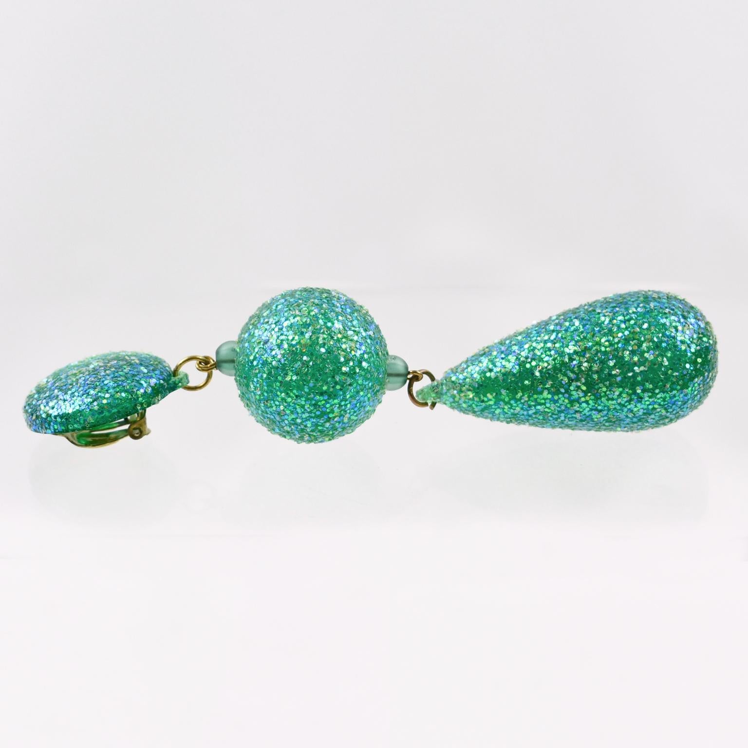 Women's or Men's 1980s Dancing GoGo Girl Long Dangling Turquoise Glitter Lucite Clip on Earrings 