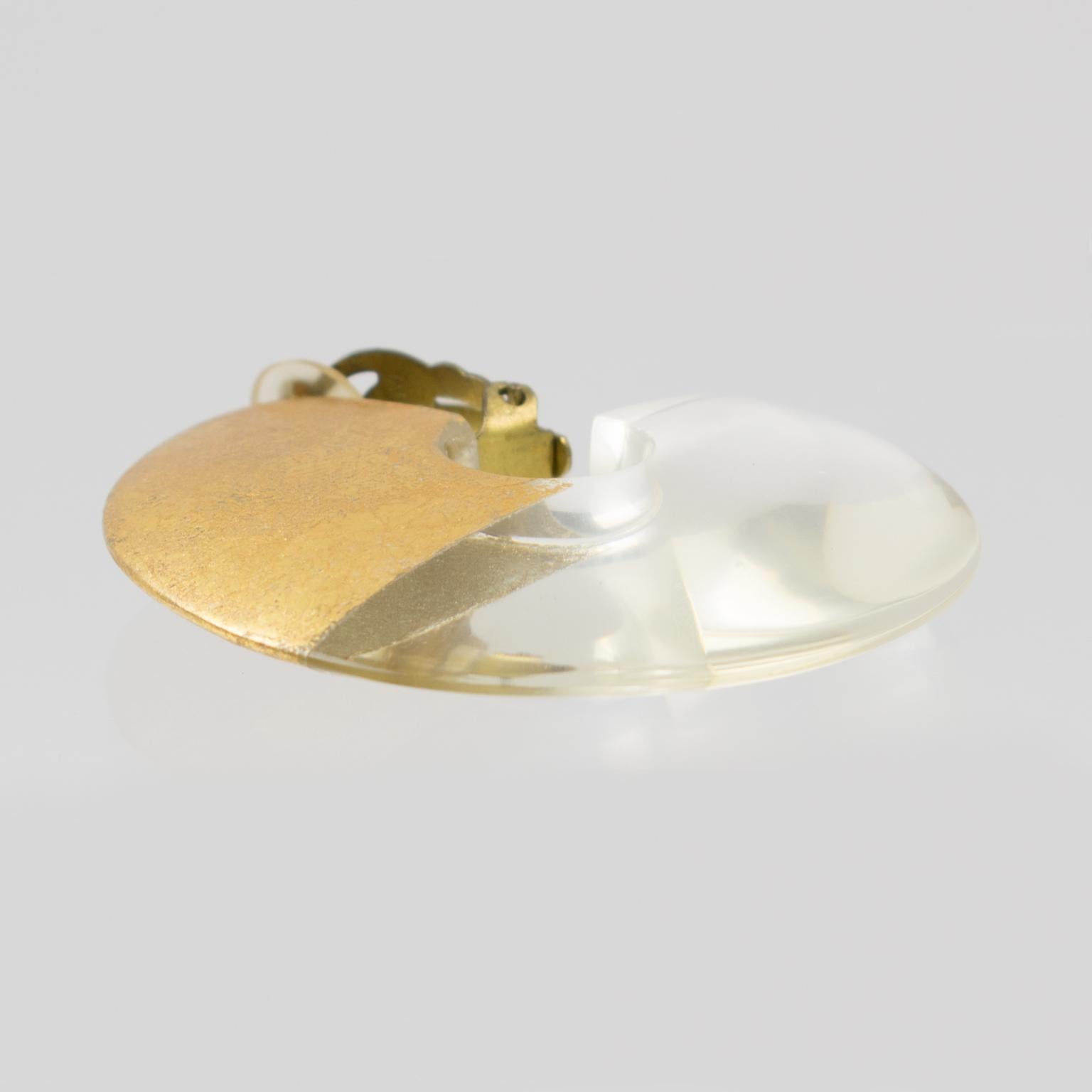Gerda Lyngaard for Monies Oversized Hoop Clip on Earrings Clear Lucite Gold Foil 1