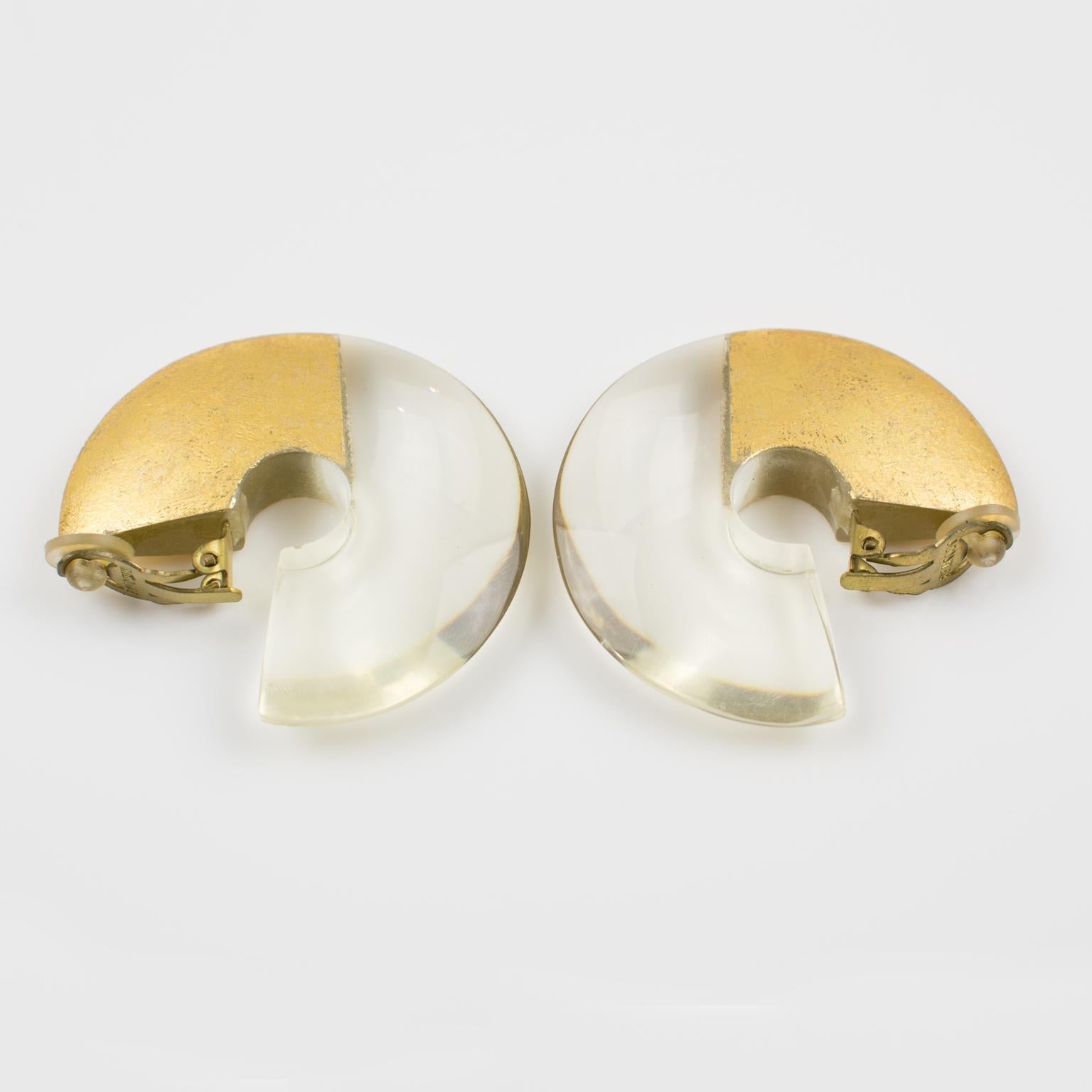 Gerda Lyngaard for Monies Oversized Hoop Clip on Earrings Clear Lucite Gold Foil 2