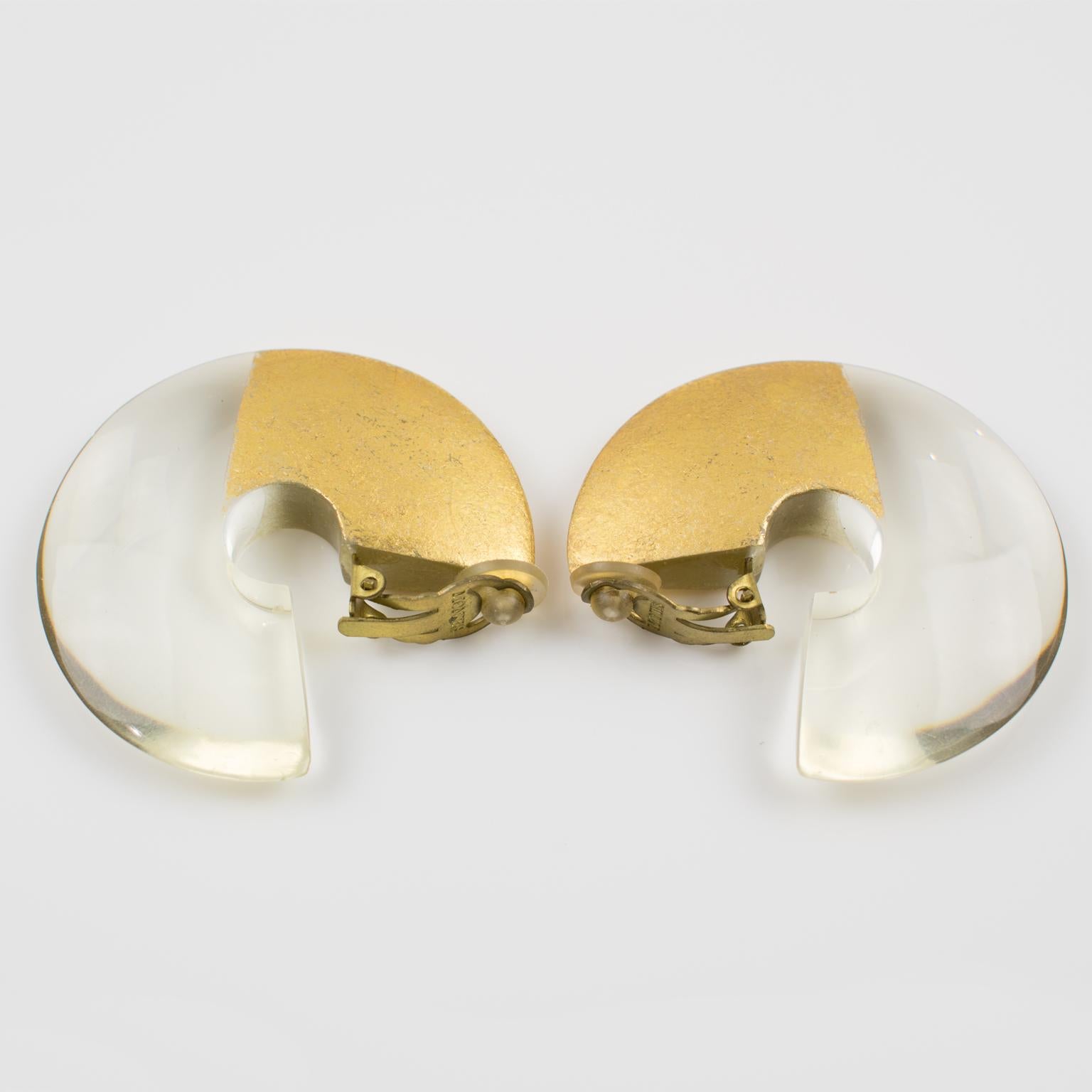 Gerda Lyngaard for Monies Oversized Hoop Clip on Earrings Clear Lucite Gold Foil 3