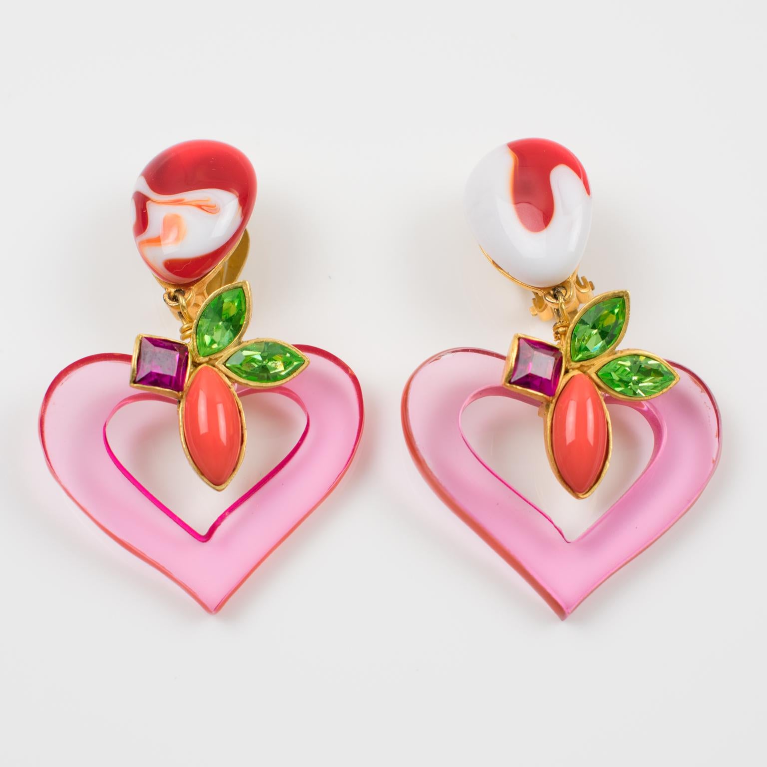 Christian Lacroix Paris Jeweled Pink Resin Heart Dangling Clip on Earrings  In Excellent Condition In Atlanta, GA