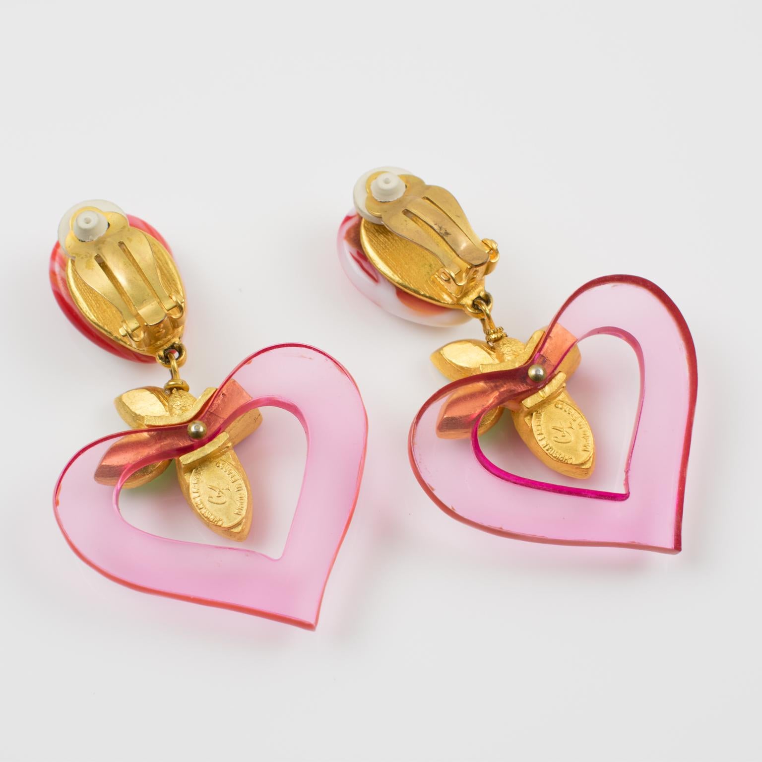 Women's Christian Lacroix Paris Jeweled Pink Resin Heart Dangling Clip on Earrings 
