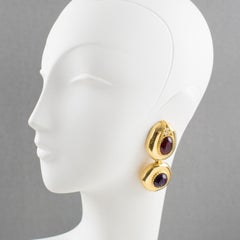 Givenchy Paris Signed Clip-on Earrings Dangling Gilt Metal Large Glass Cabochons