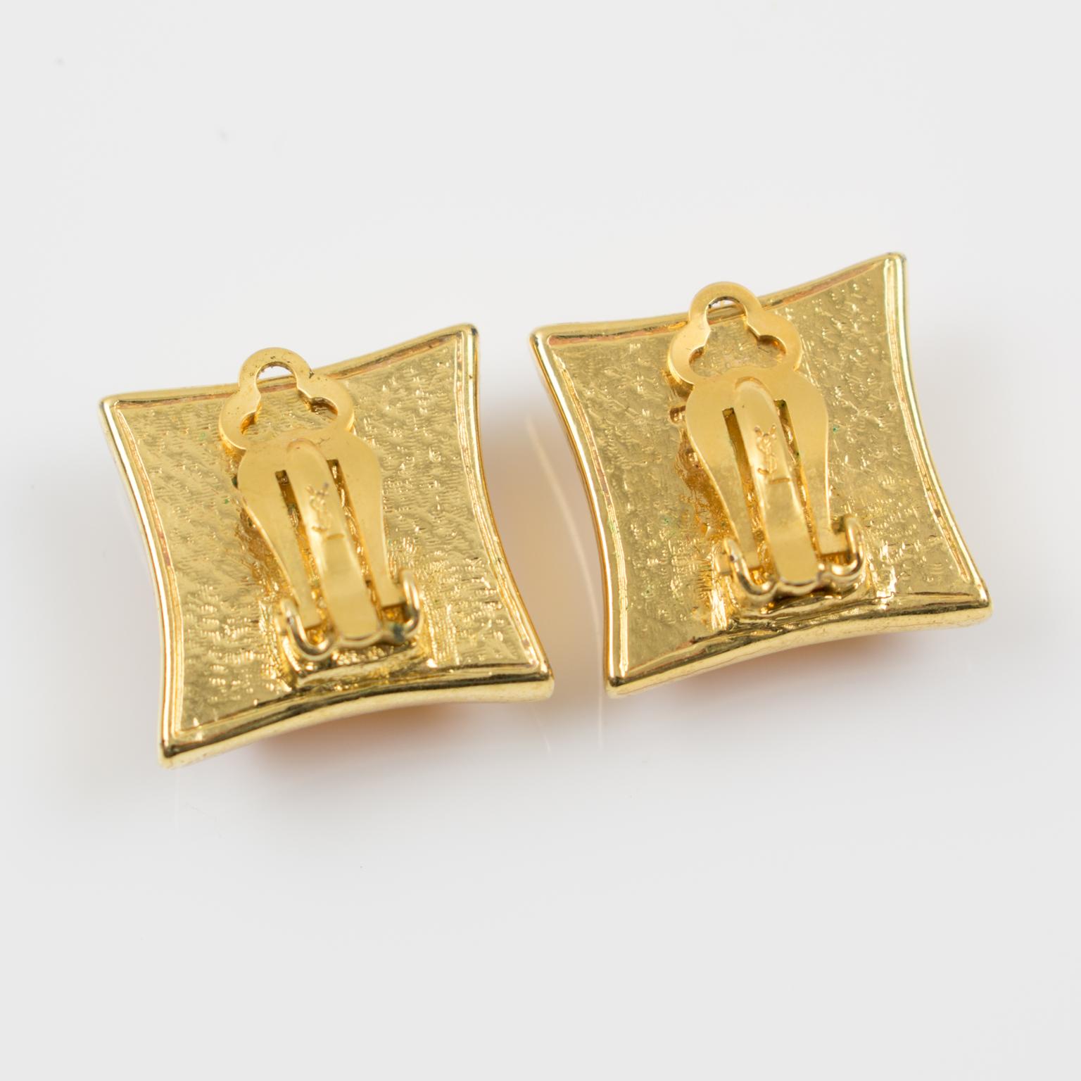 Women's Yves Saint Laurent Paris Square Clip Earrings Gilt Metal & Honey Glass Cabochon