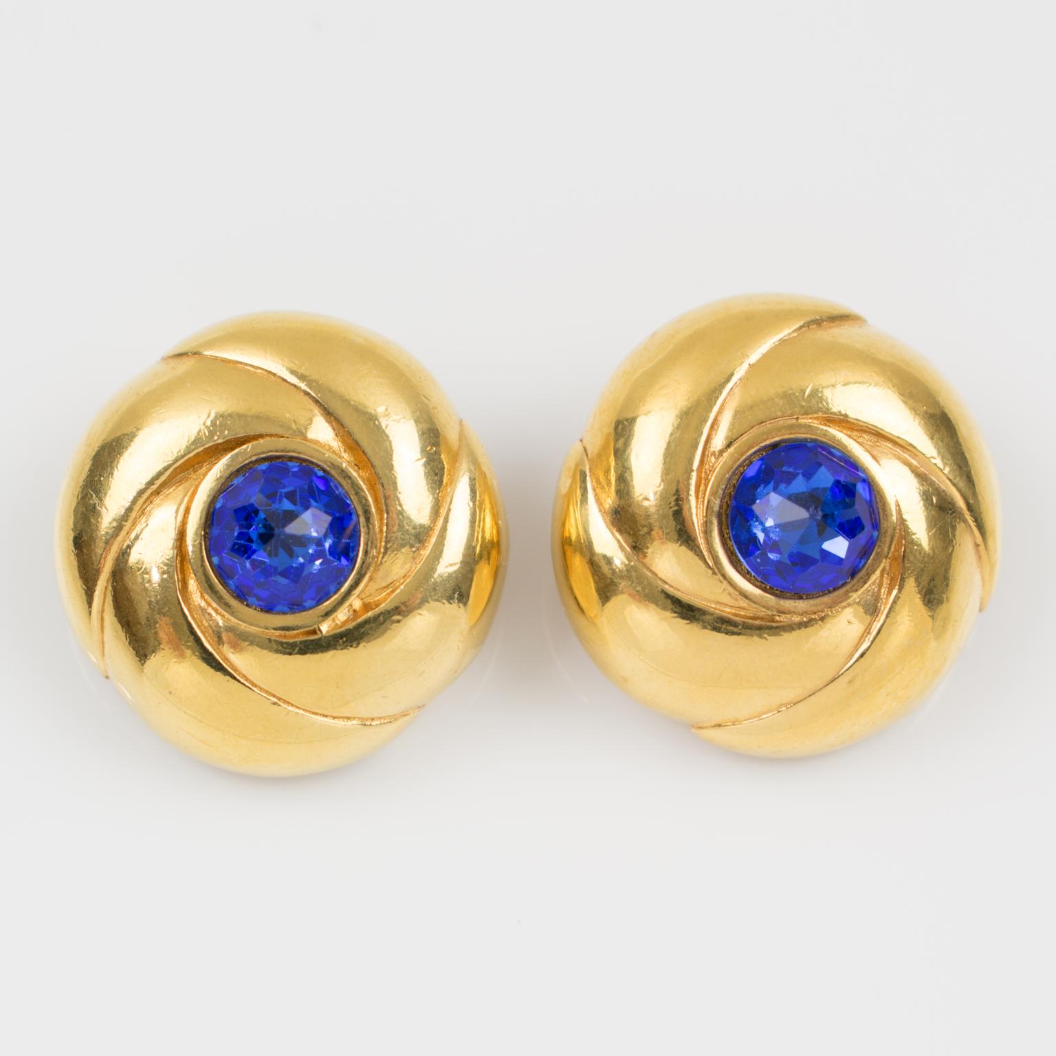 Courreges Paris Signed Gilt Metal and Blue Rhinestone Clip on Earrings   In Excellent Condition In Atlanta, GA