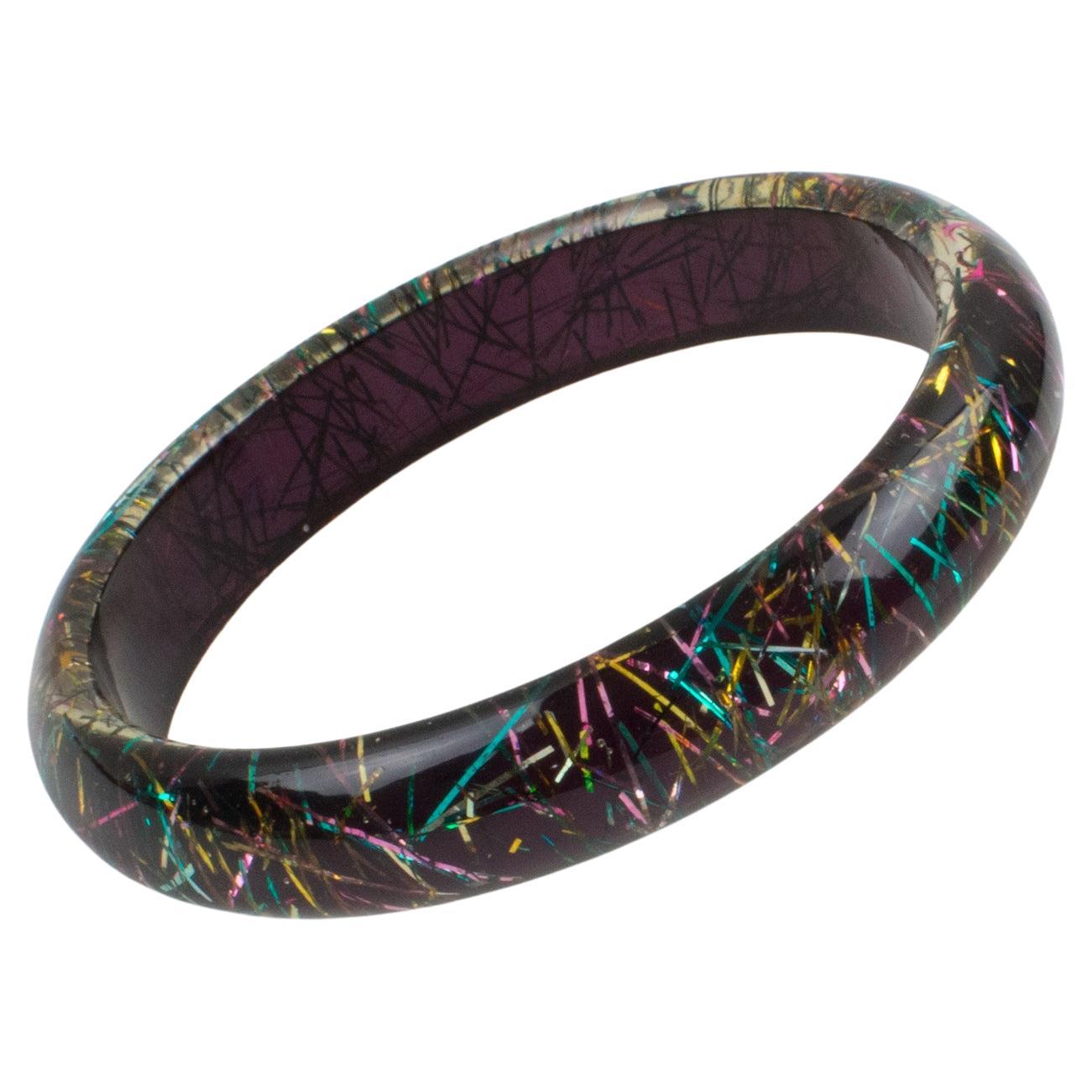 Lucite Bracelet Bangle Multicolor Metallic Thread Inclusions For Sale