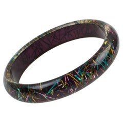 Vintage Lucite Bracelet Bangle Multicolor Metallic Thread Inclusions