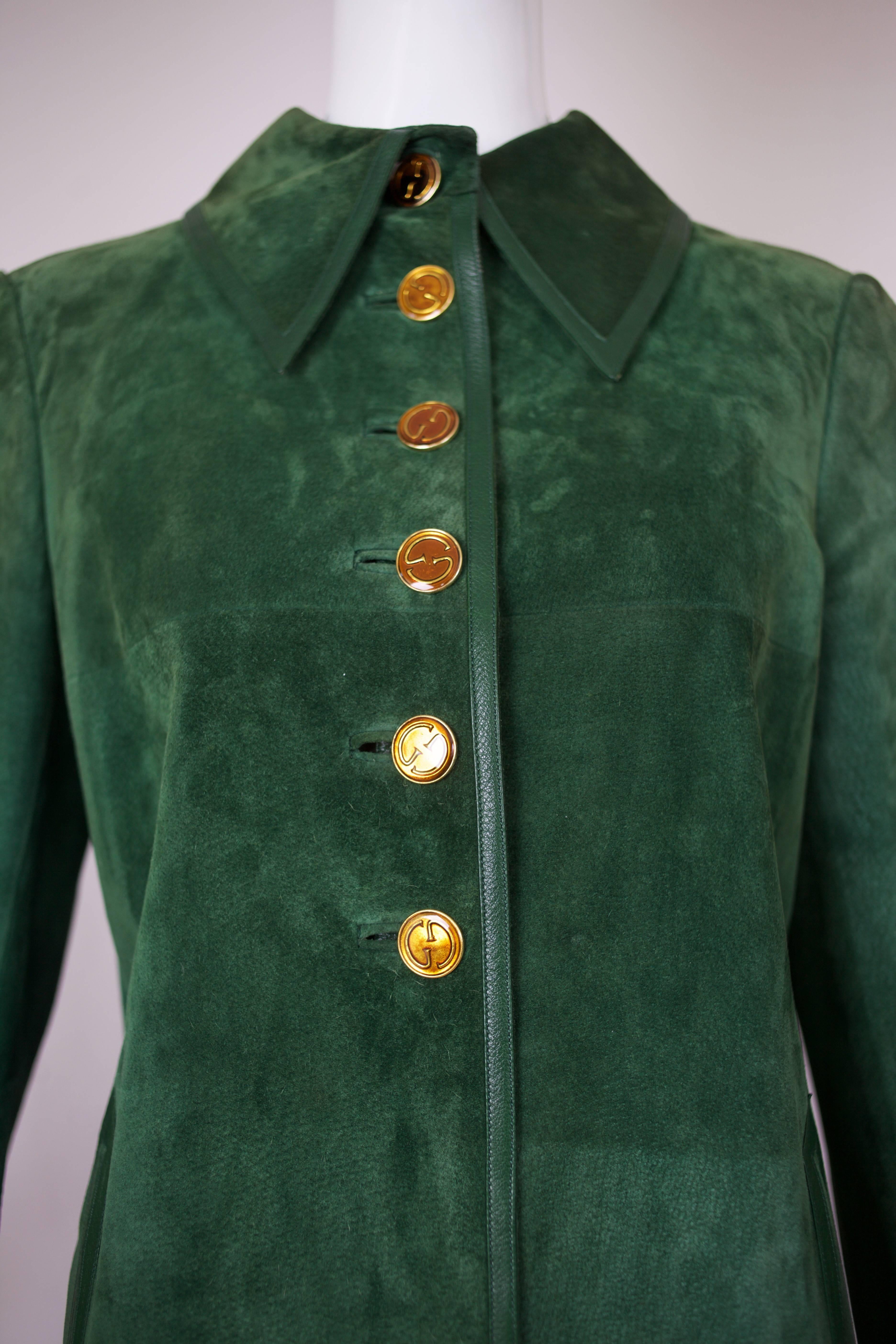 Black 1970's Gucci Green Suede Coat w/Glazed Gucci Logo Buttons & Green Leather Trim