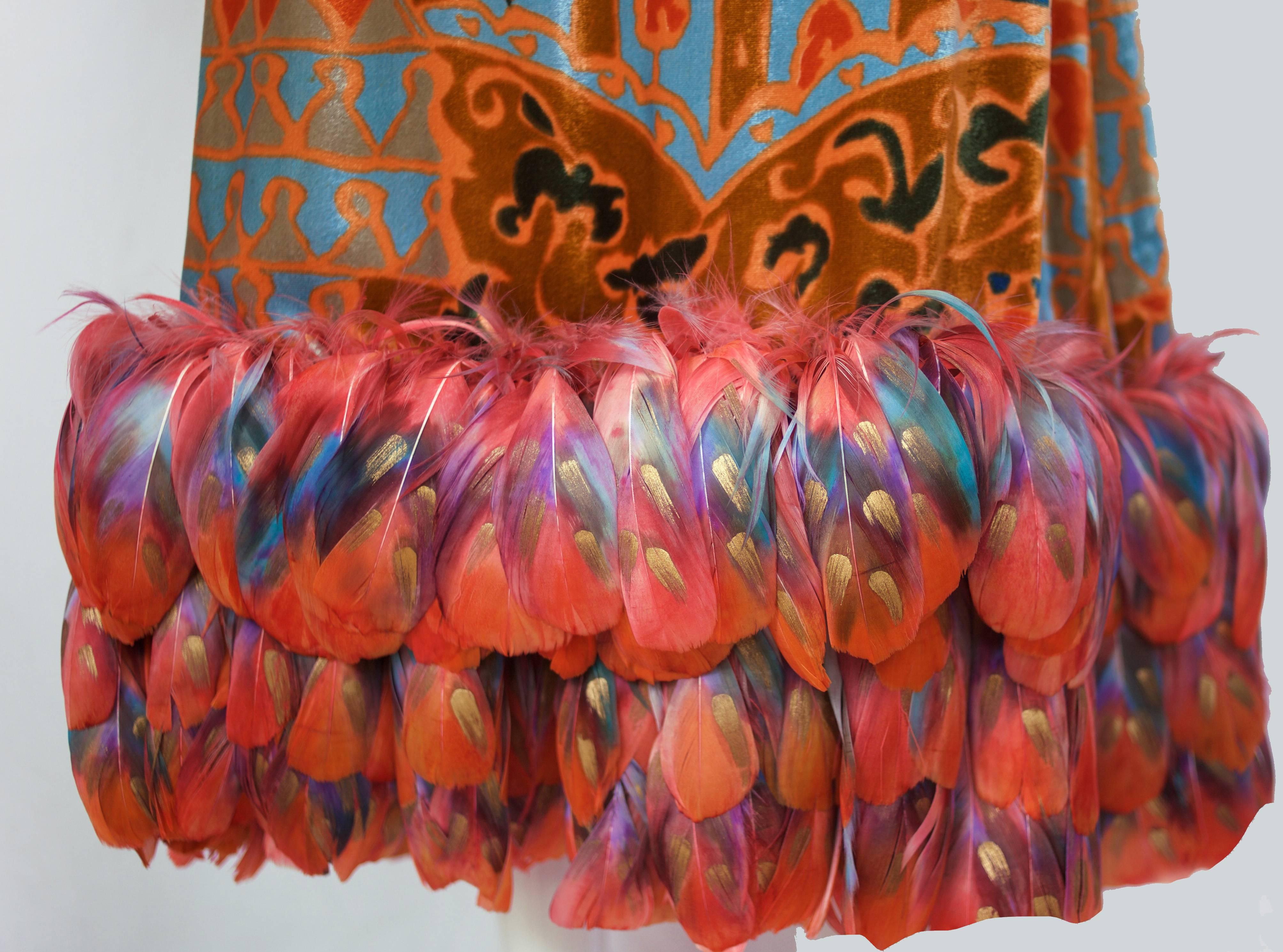 Brown Bill Blass Moorish Print Velvet Panne Gown w/Matching Dyed Feather Trim Ca.1970