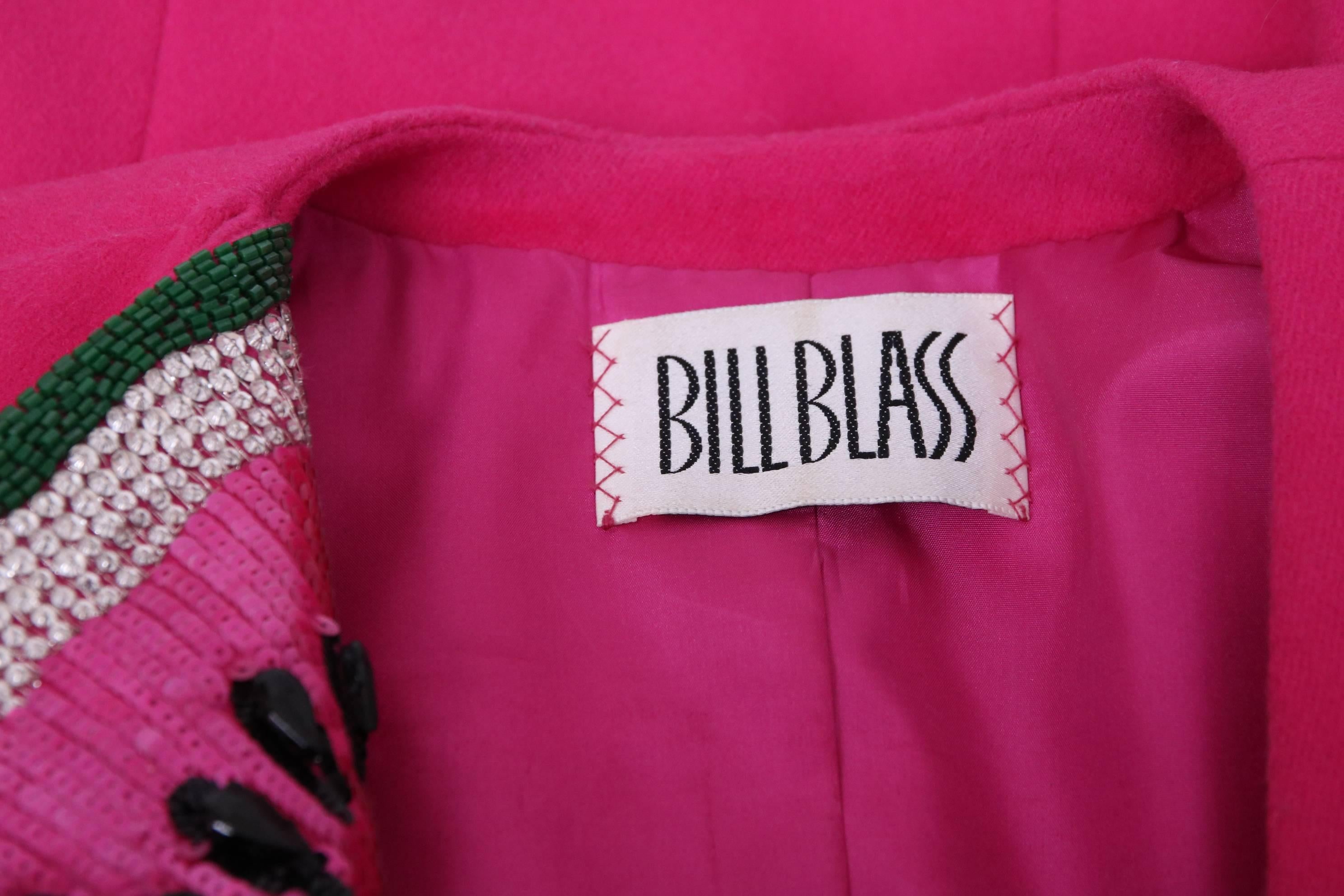 1983 Bill Blass Shocking Pink Double-Breasted Wool Jacket w/Beaded Watermelon  In Excellent Condition In Studio City, CA
