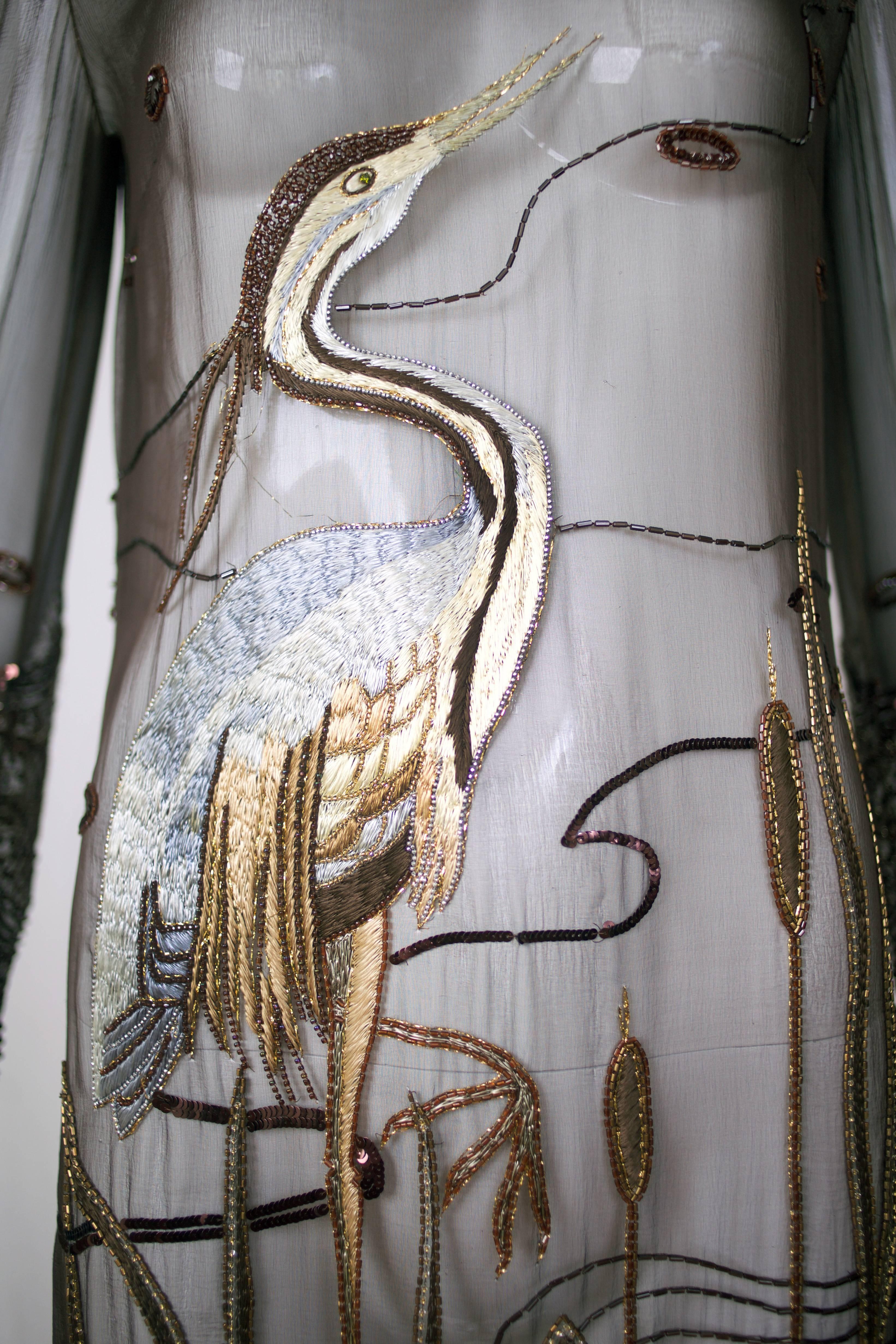 Gray Guy Laroche Haute Couture Silk Illusion Embroidered Cocktail Dress Gown Ca.1980