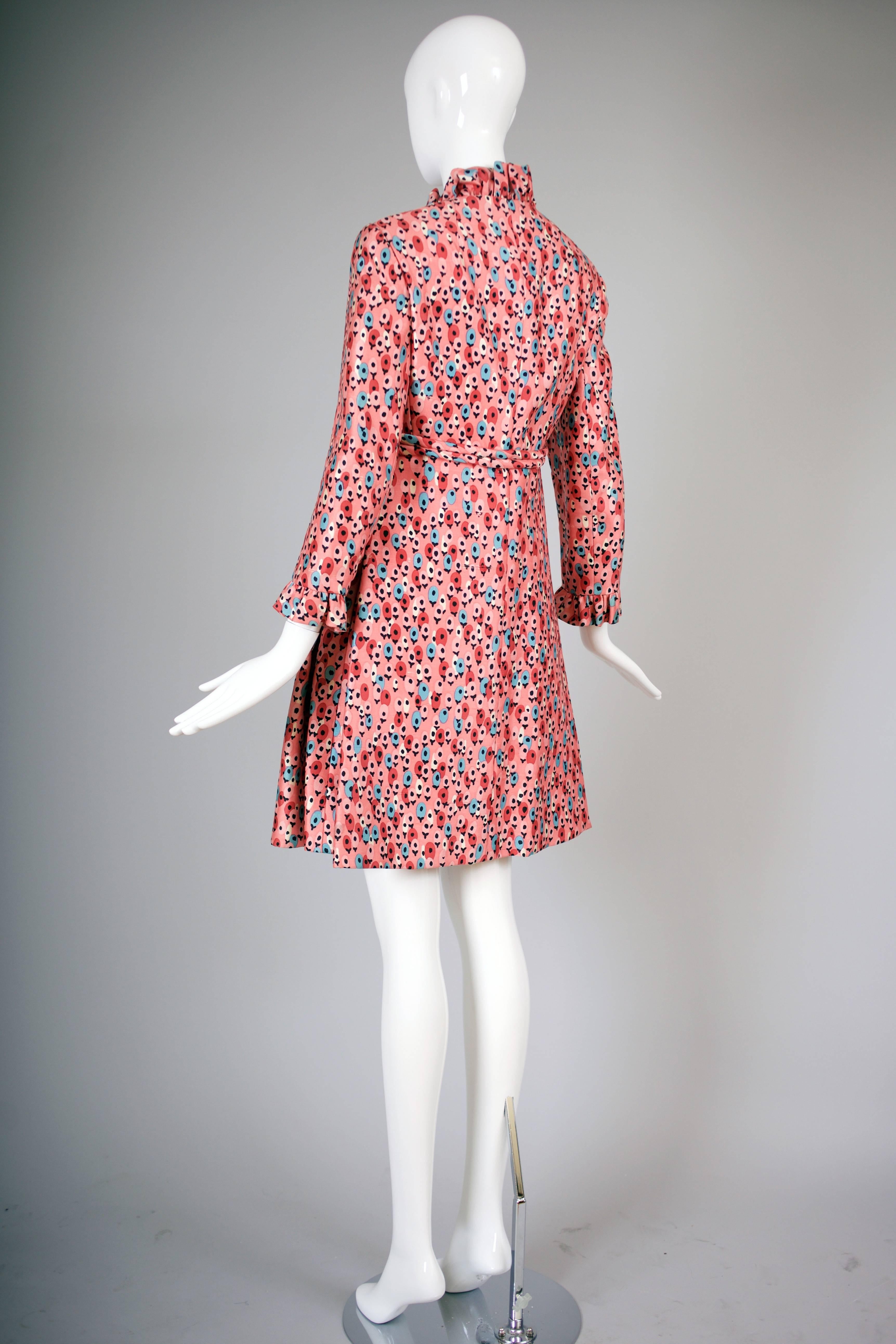 1960's Bill Blass for Maurice Rentner Silk Printed Coat Dress w/Crystal Buttons In Excellent Condition In Studio City, CA