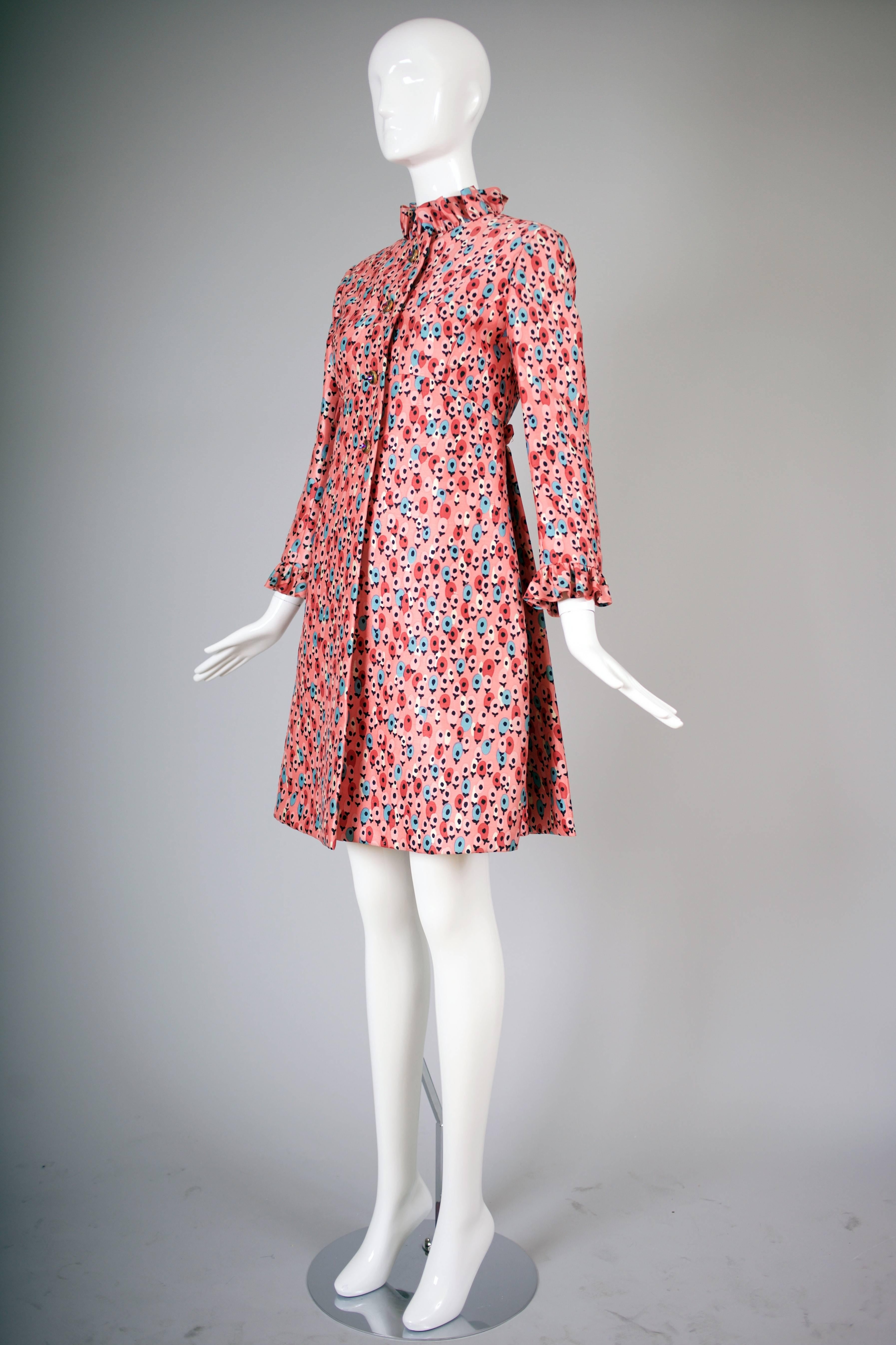 Pink 1960's Bill Blass for Maurice Rentner Silk Printed Coat Dress w/Crystal Buttons
