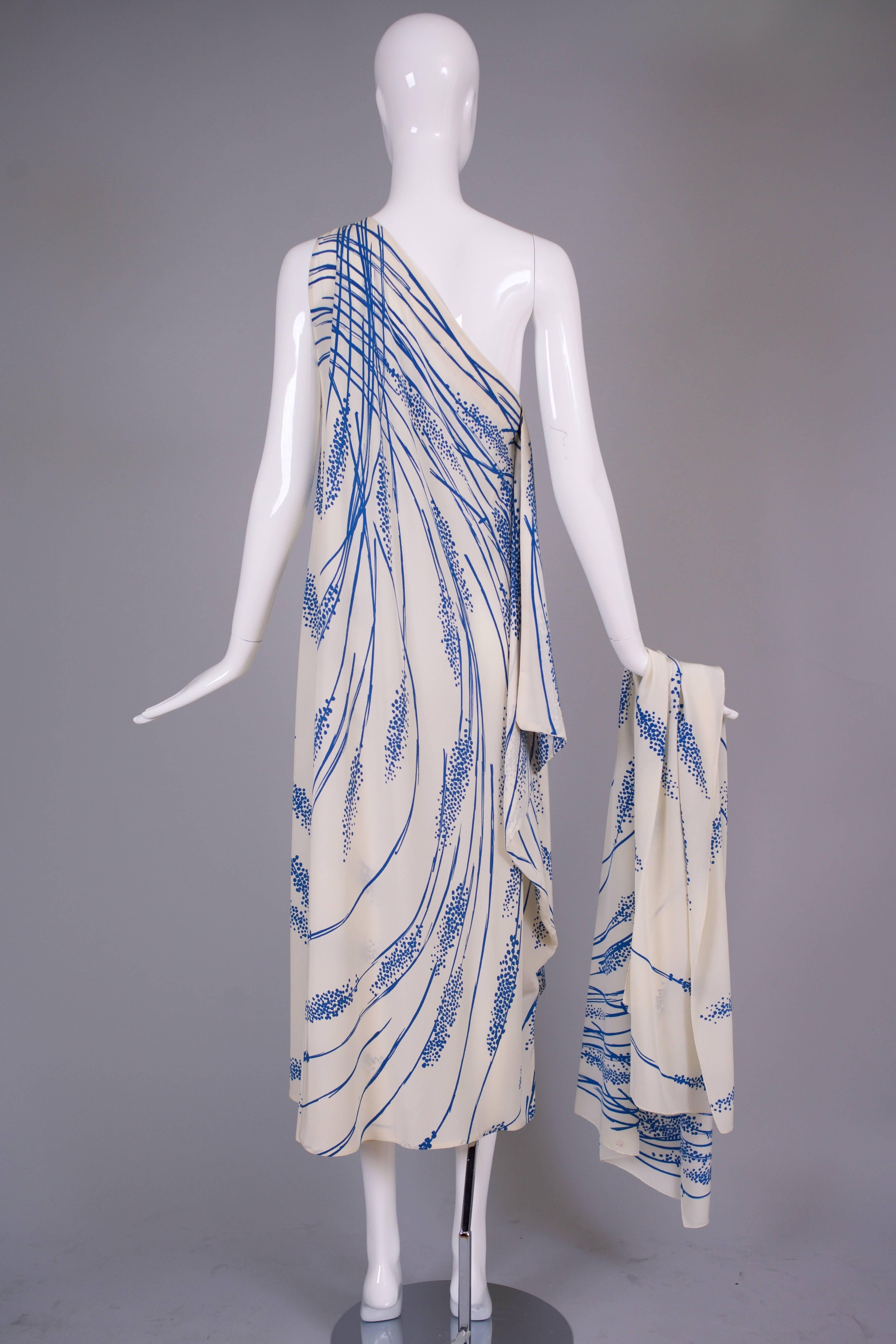 1970's Pauline Trigere Silk Printed Single Shoulder Gown w/Matching Wrap In Excellent Condition In Studio City, CA