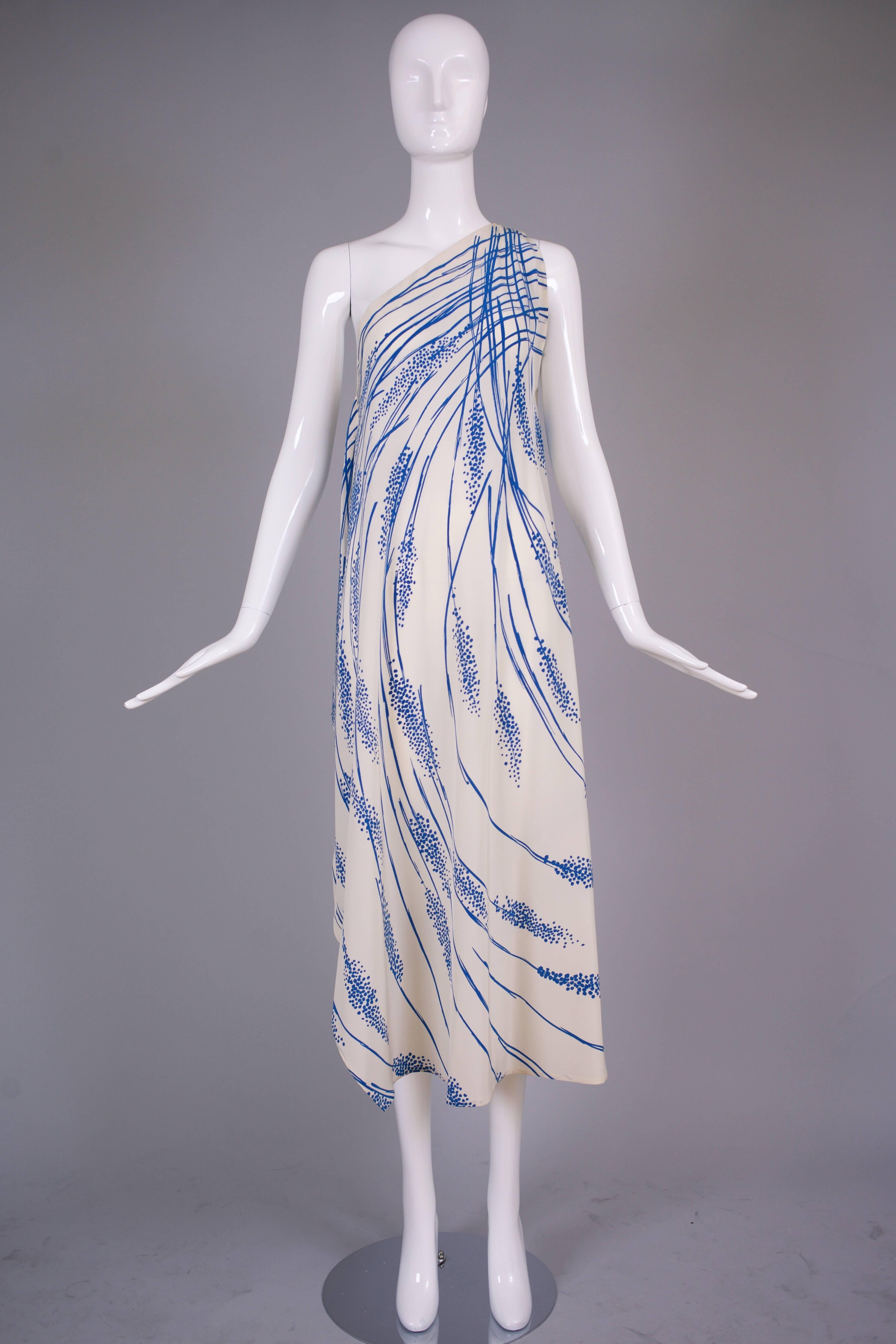 Women's 1970's Pauline Trigere Silk Printed Single Shoulder Gown w/Matching Wrap