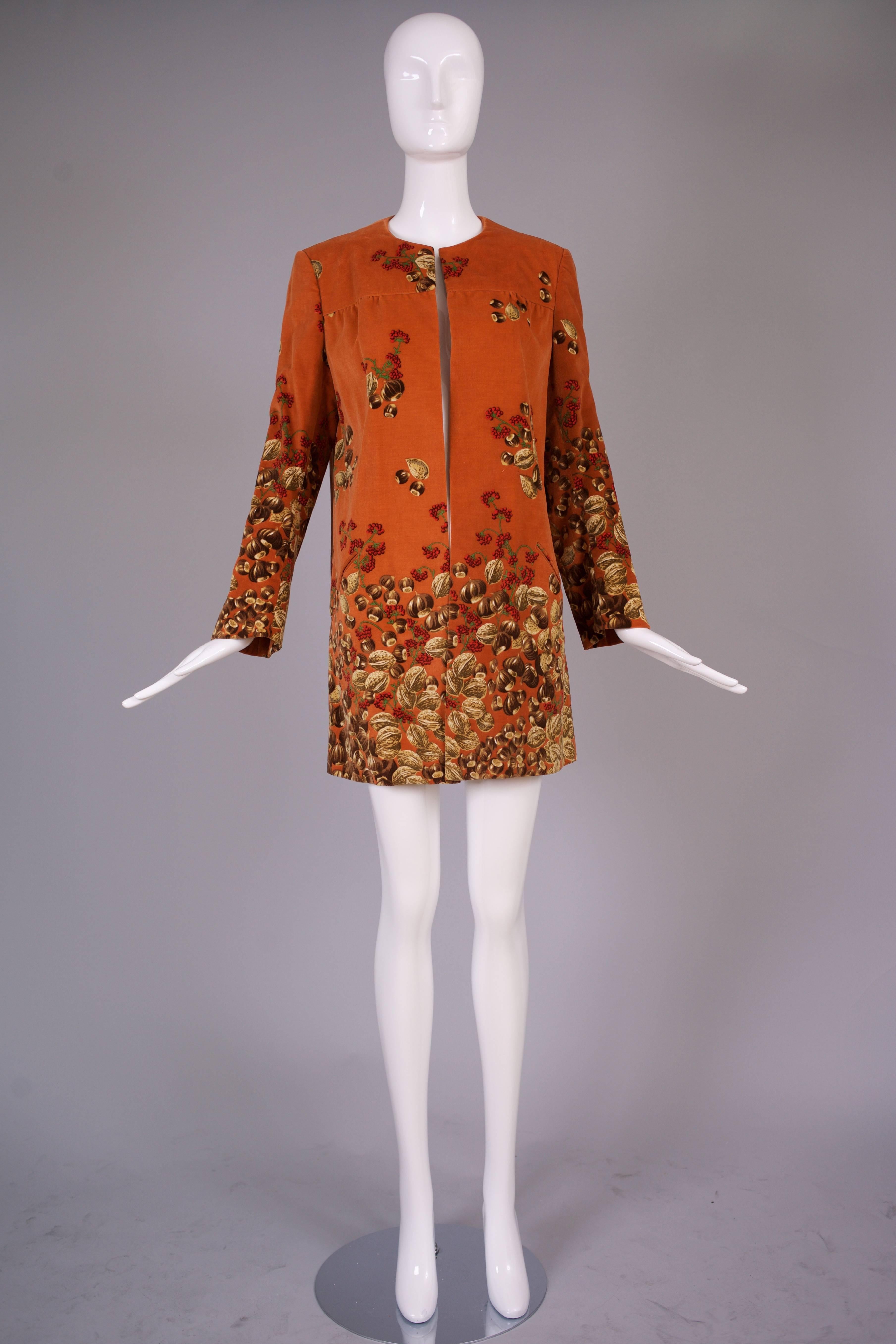 Brown 1970s Valentino Burnt Orange Chestnut Walnut Print Velvet Belted Jacket