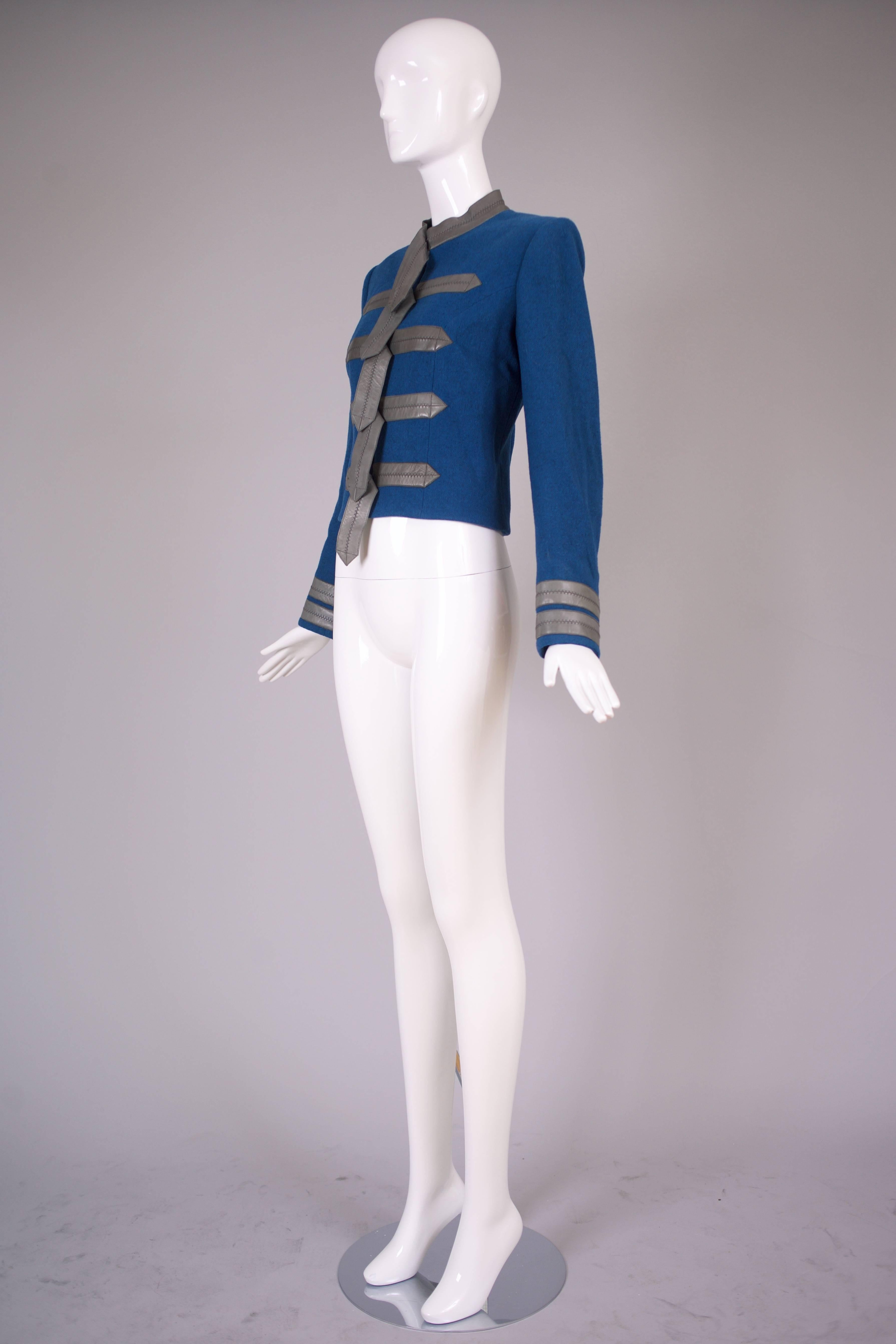 Vintage Loulou De La Falaise Blue Wool Cropped Military Jacket w/Leather Trim 1