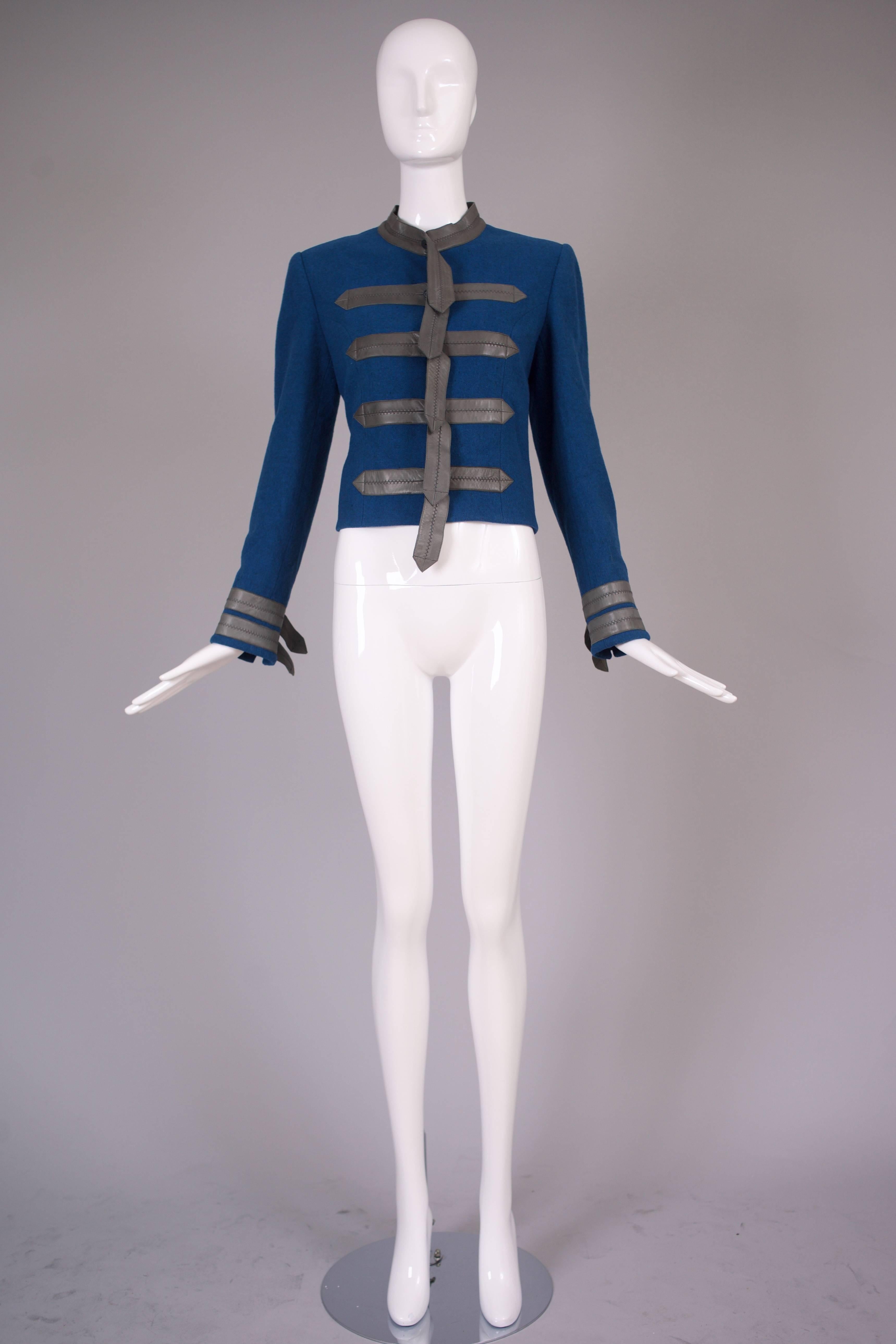 Women's Vintage Loulou De La Falaise Blue Wool Cropped Military Jacket w/Leather Trim