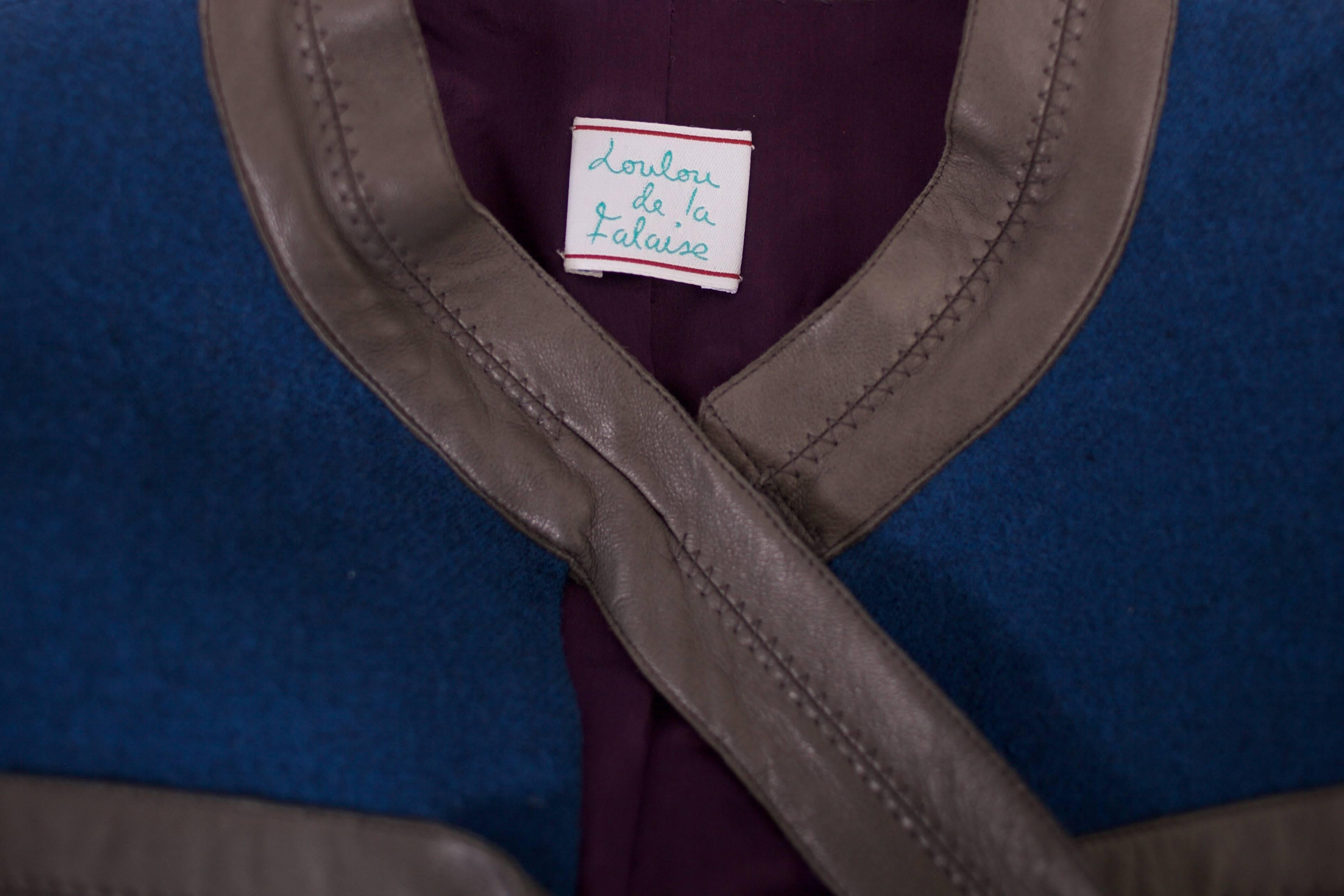 Vintage Loulou De La Falaise Blue Wool Cropped Military Jacket w/Leather Trim 2