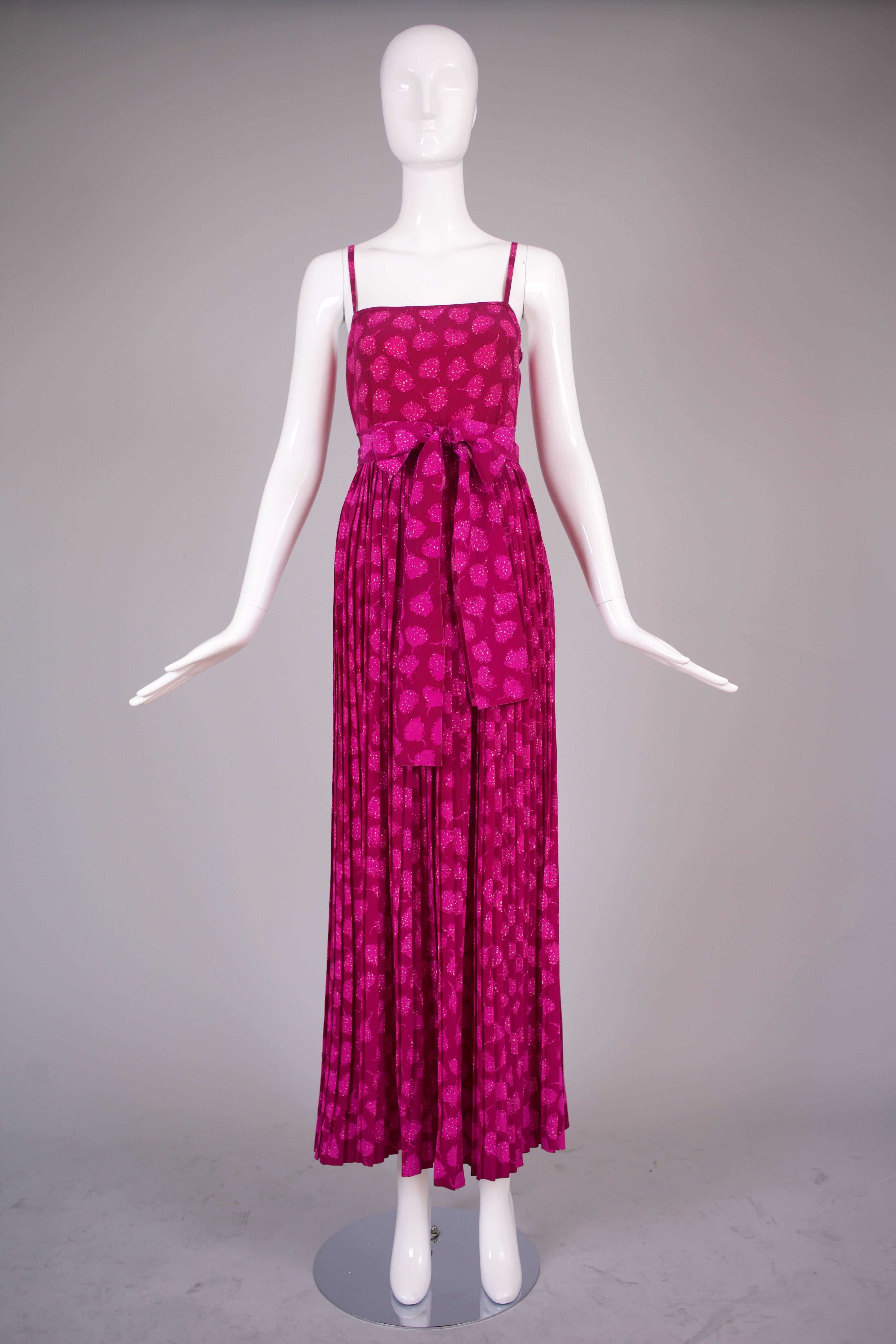 1970's Christian Dior Boutique Couture Fuchsia Silk Floral Print Ensemble In Excellent Condition In Studio City, CA