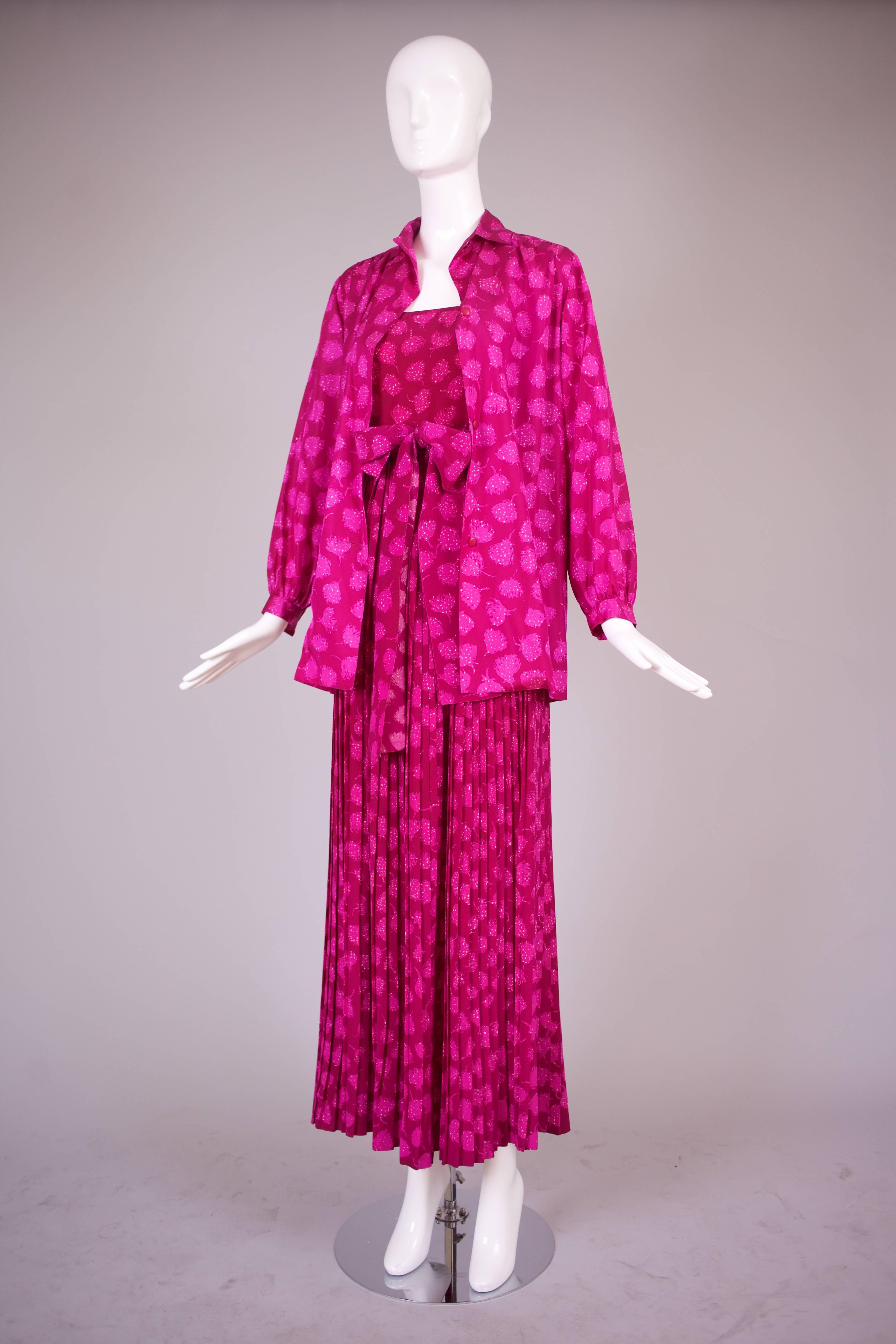 Women's 1970's Christian Dior Boutique Couture Fuchsia Silk Floral Print Ensemble