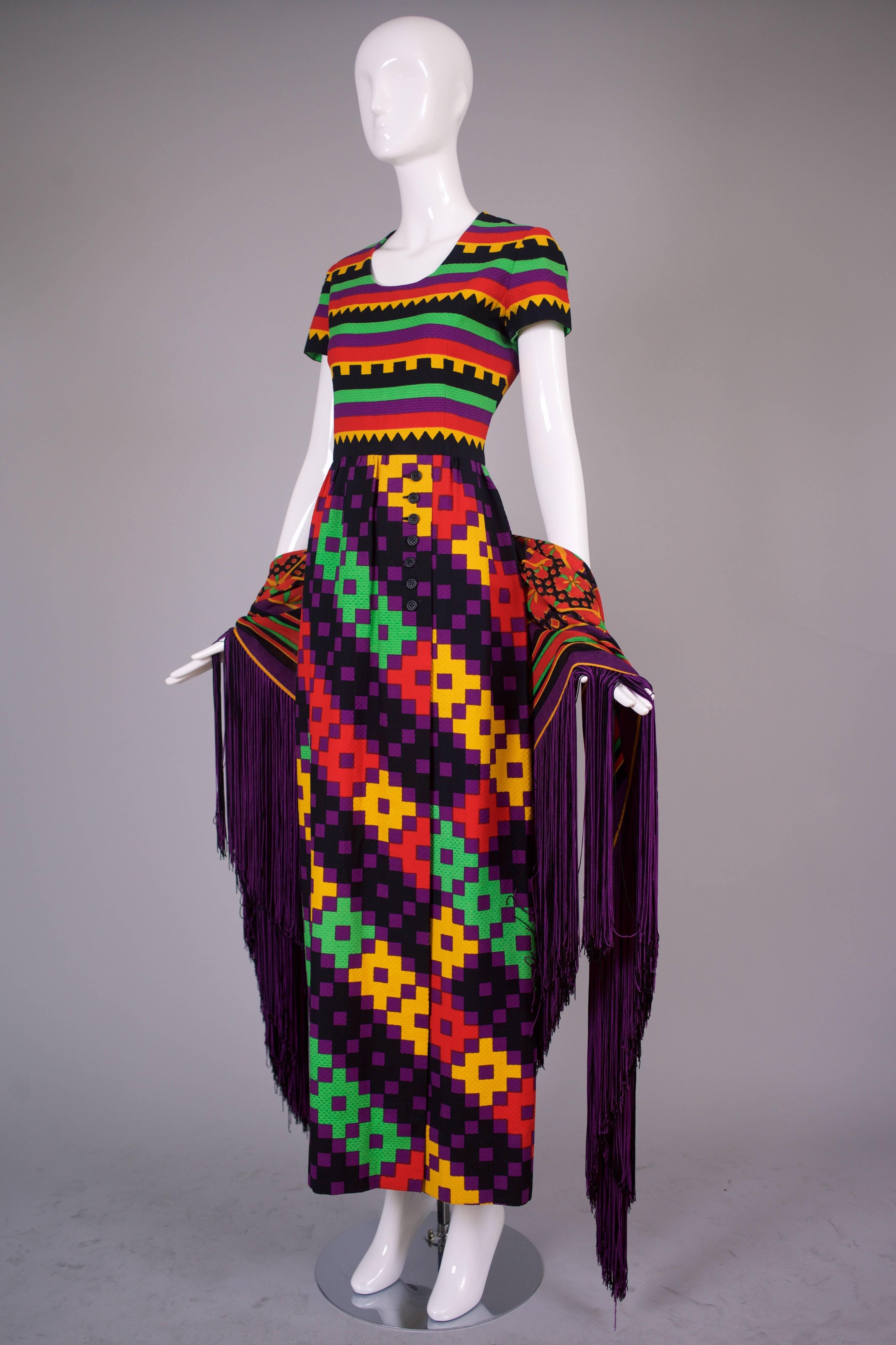 Women's 1970's Lanvin Textured Pique Cotton Geometric Print Maxi Dress w/Matching Scarf