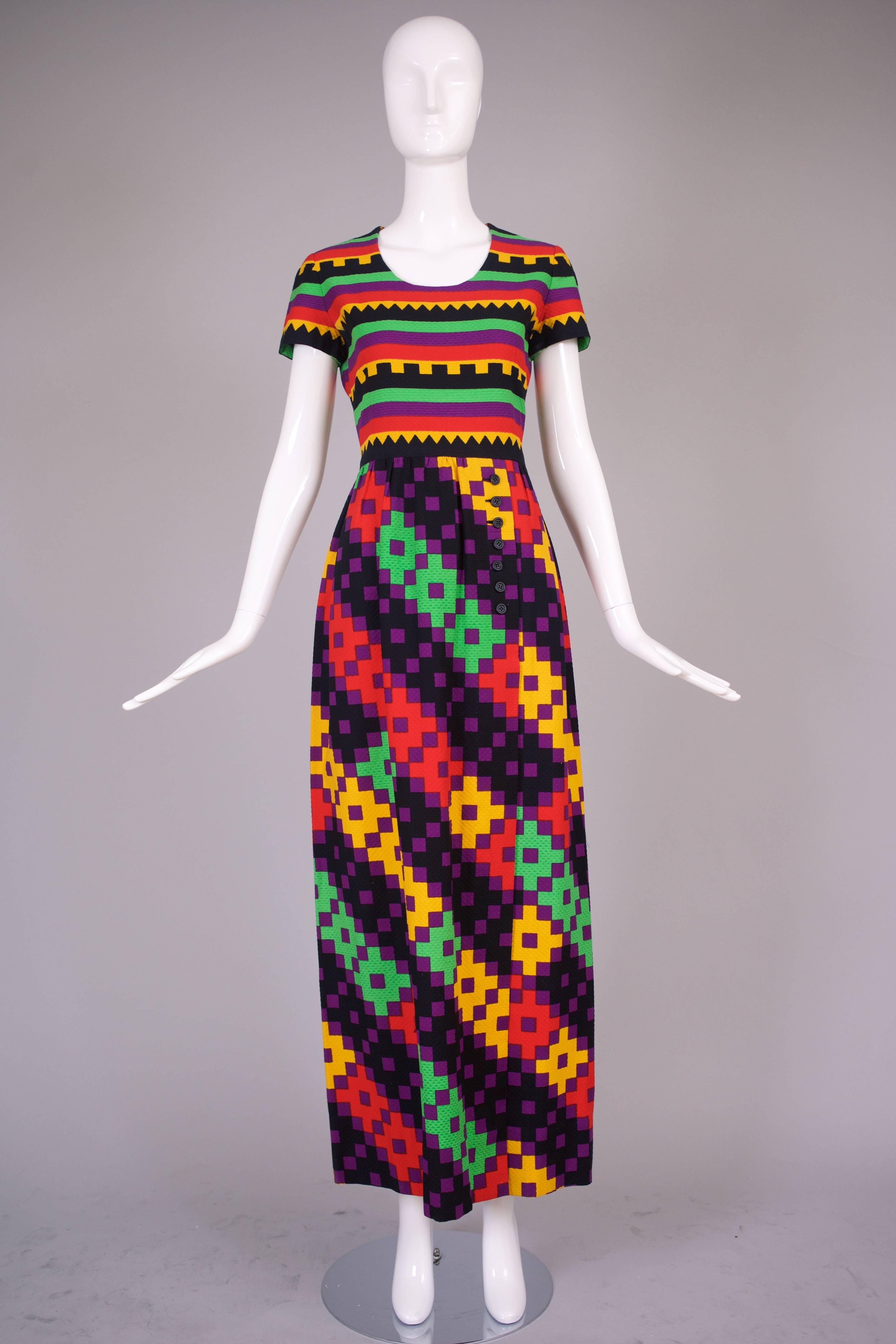 Black 1970's Lanvin Textured Pique Cotton Geometric Print Maxi Dress w/Matching Scarf
