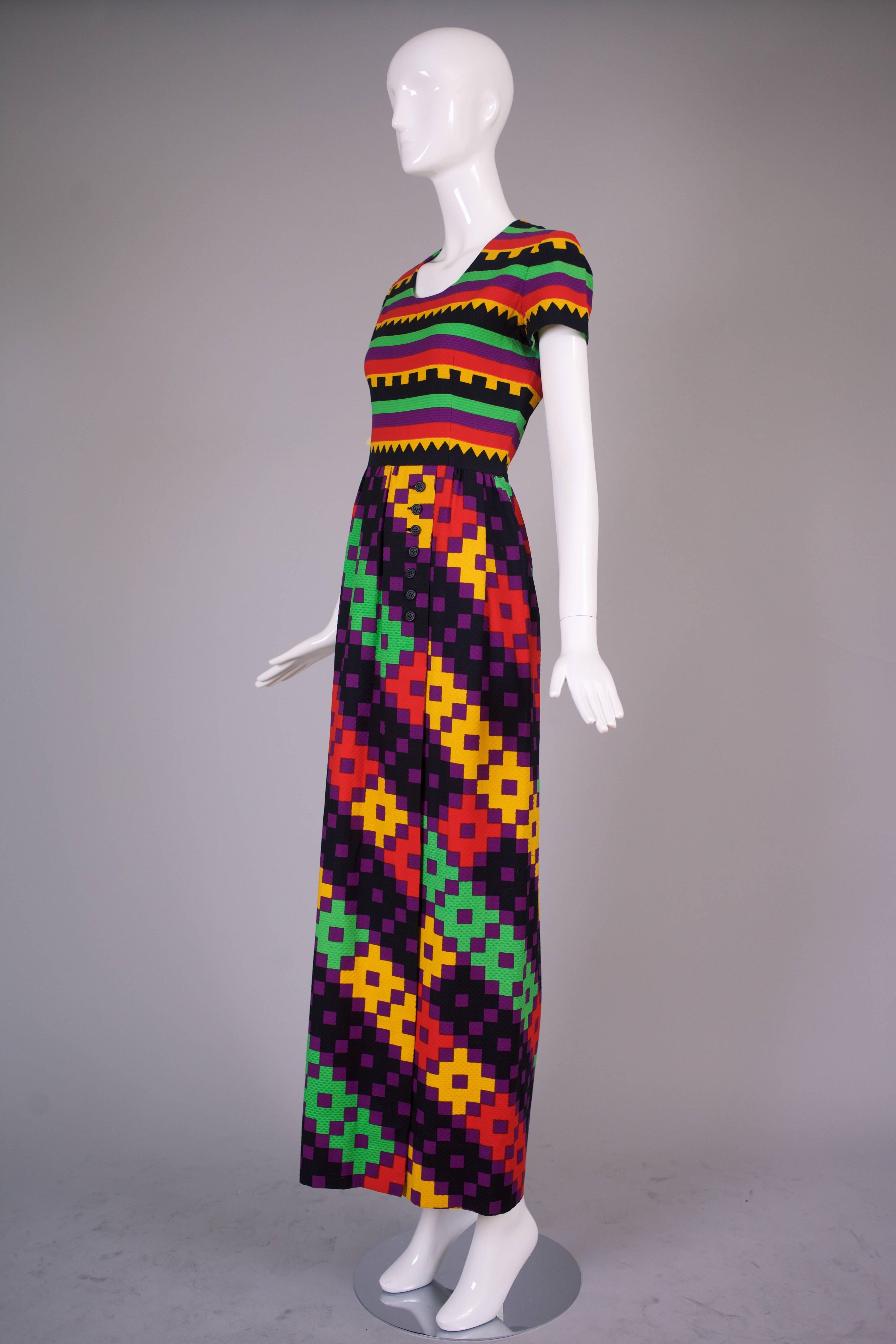 1970's Lanvin Textured Pique Cotton Geometric Print Maxi Dress w/Matching Scarf In Excellent Condition In Studio City, CA