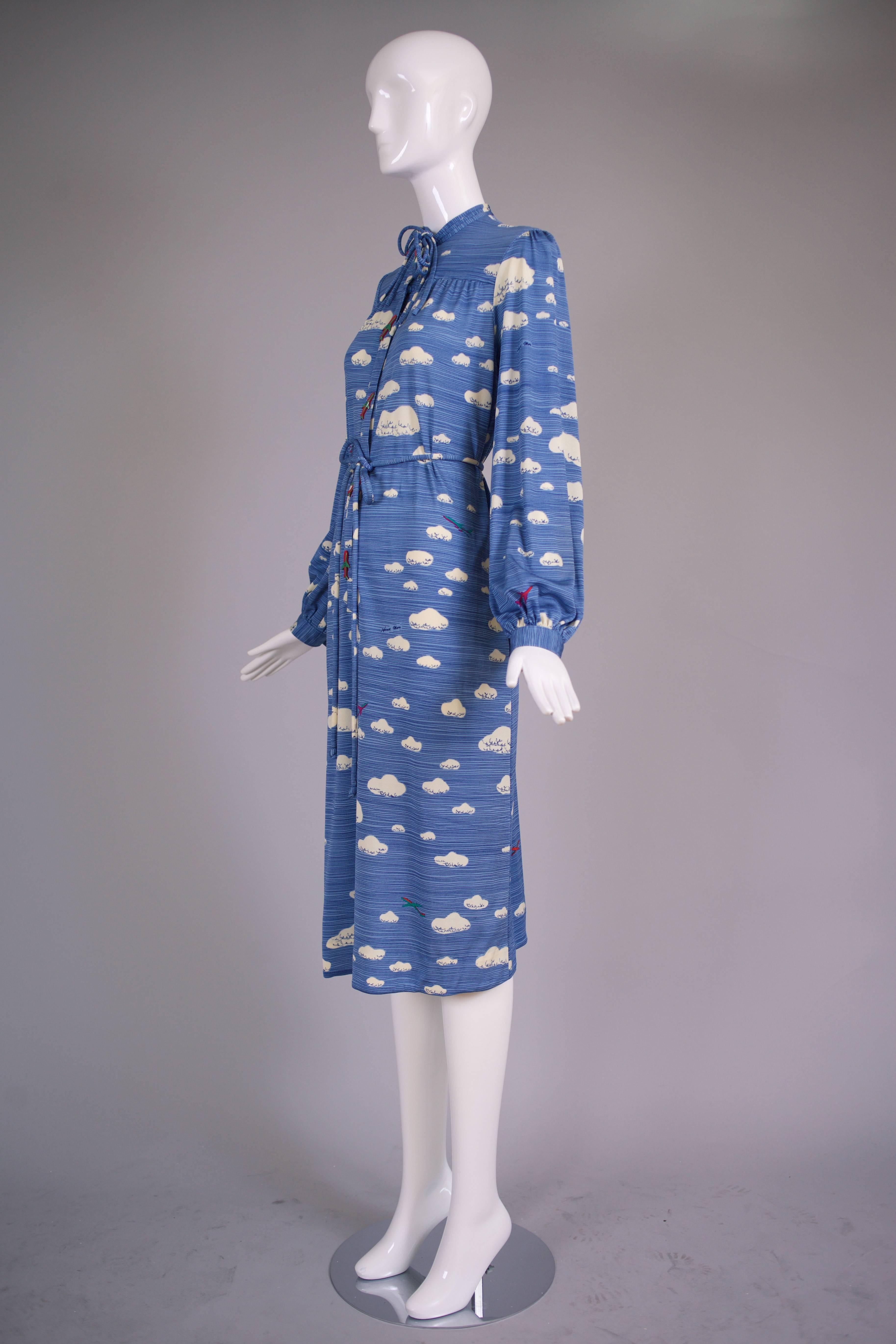 Purple Hanae Mori Cloud & Airplane Novelty Print Day Dress w/Bakelite Airplane Buttons