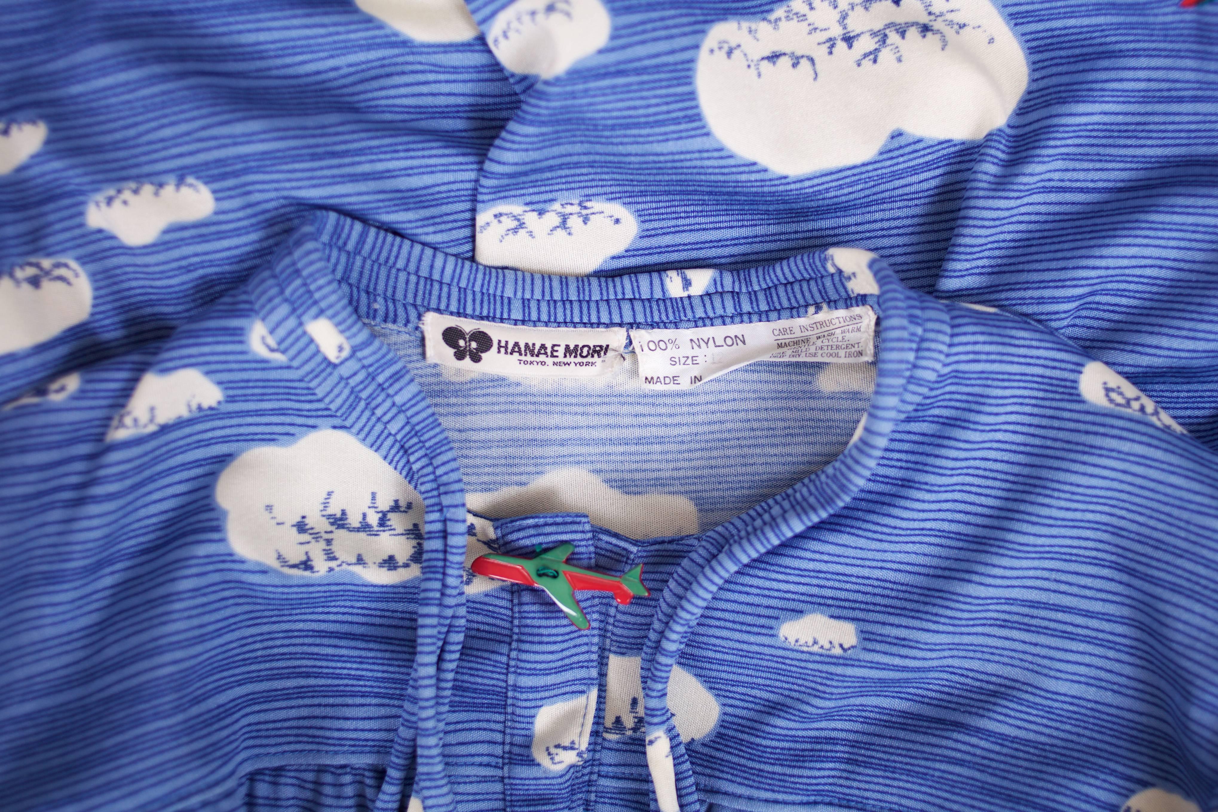 Hanae Mori Cloud & Airplane Novelty Print Day Dress w/Bakelite Airplane Buttons 1