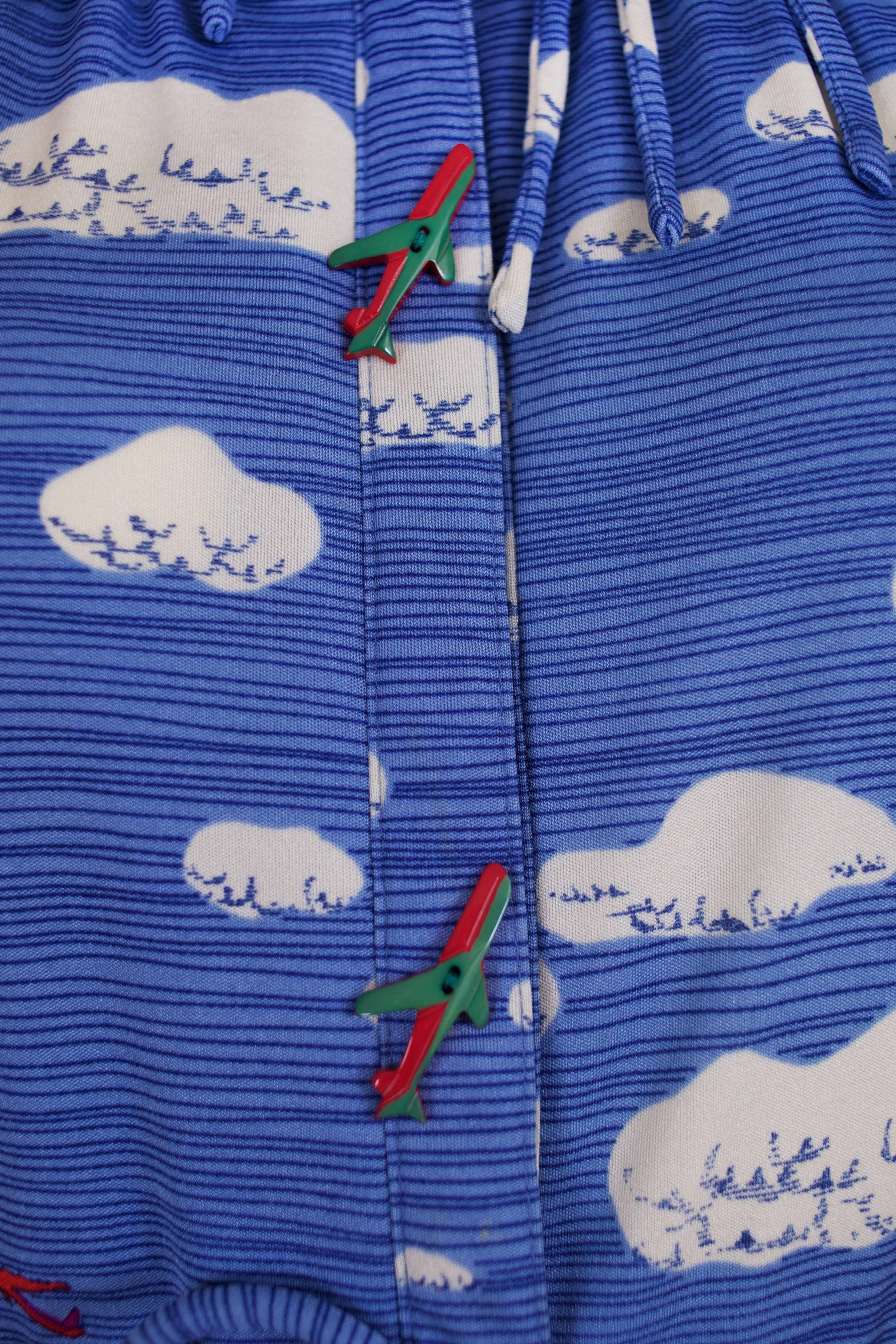Women's Hanae Mori Cloud & Airplane Novelty Print Day Dress w/Bakelite Airplane Buttons