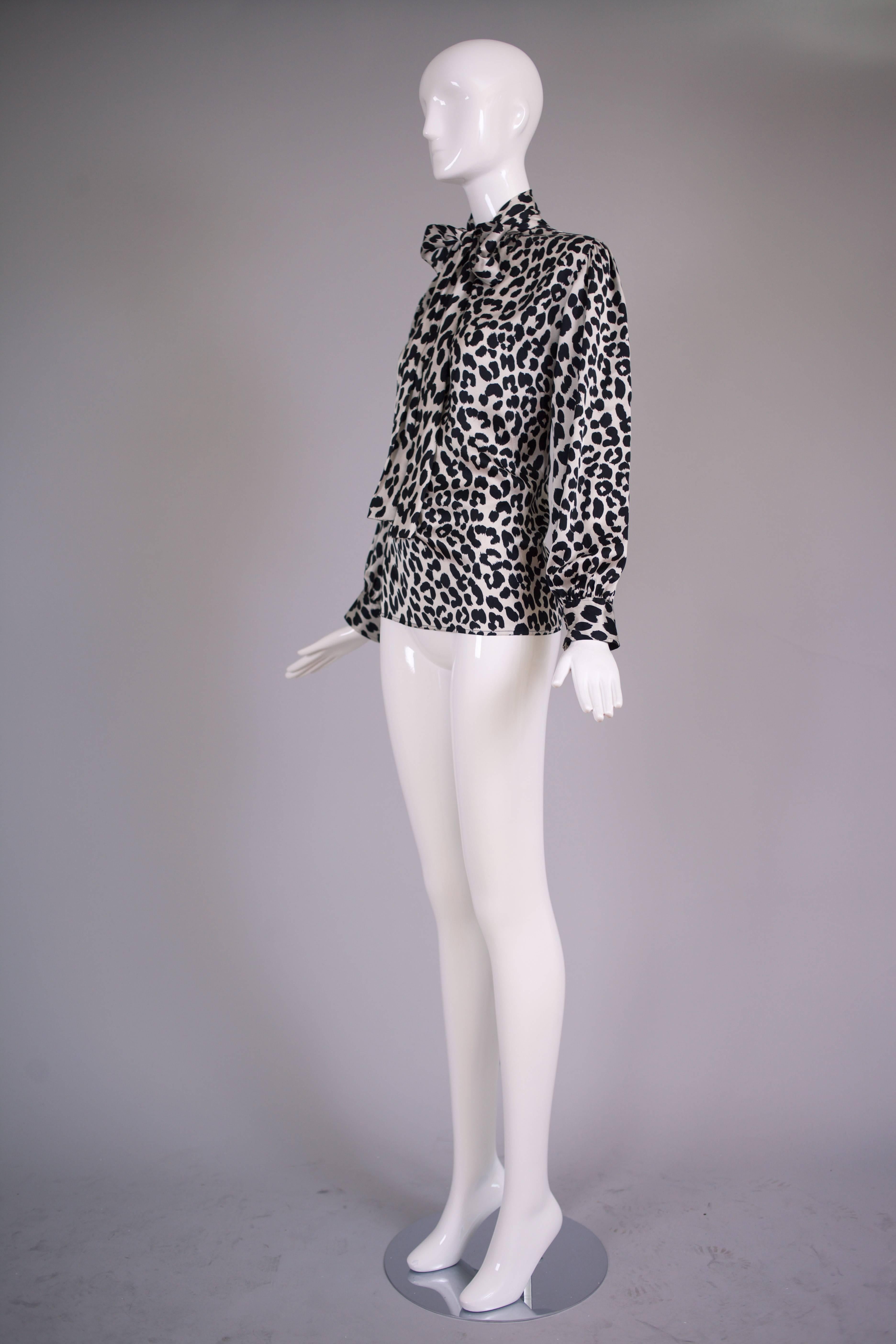 1970s Yves Saint Laurent YSL Silk Black & White Leopard Print Blouse w/Neck Ties In Excellent Condition In Studio City, CA