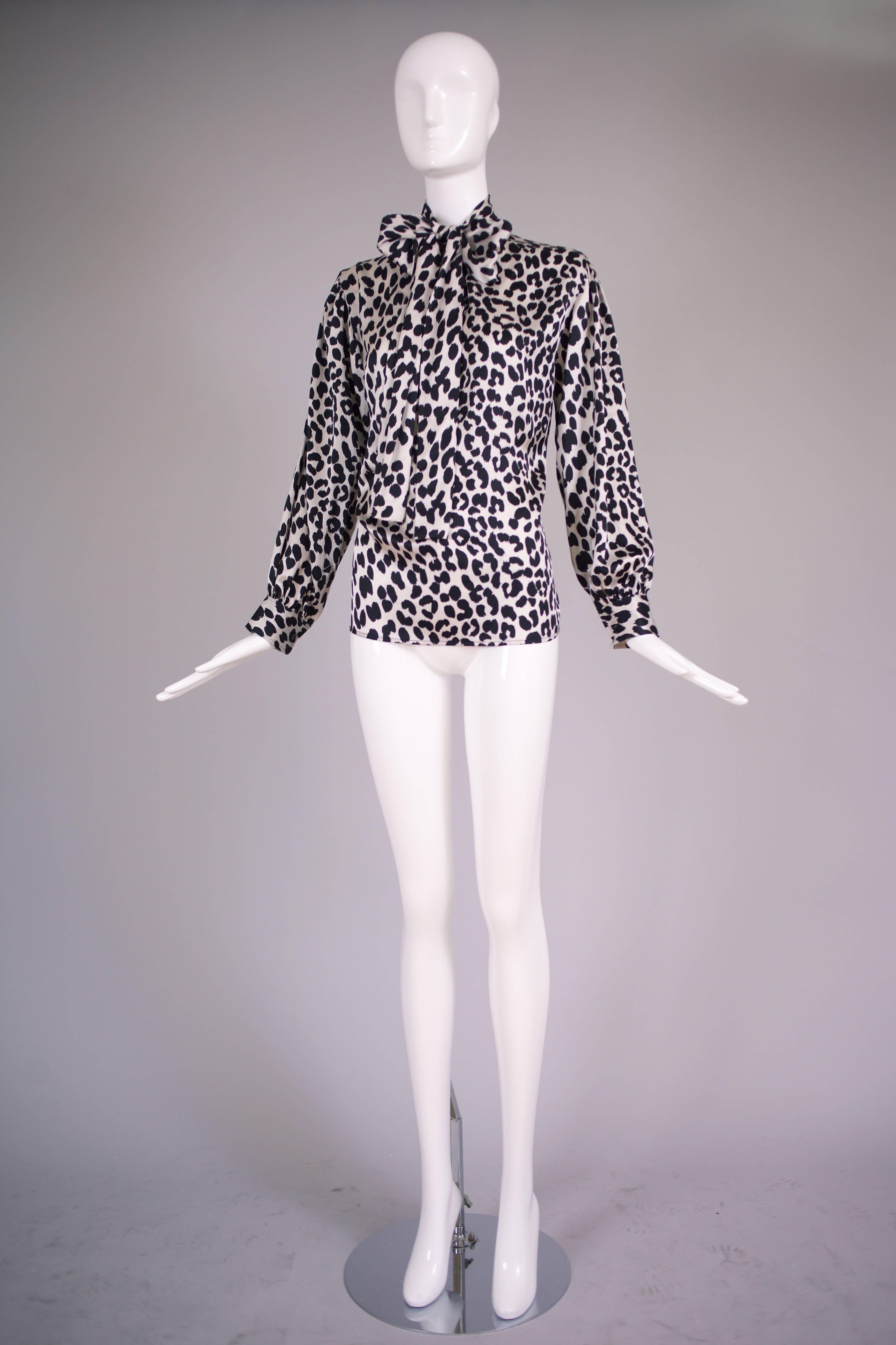 Women's 1970s Yves Saint Laurent YSL Silk Black & White Leopard Print Blouse w/Neck Ties