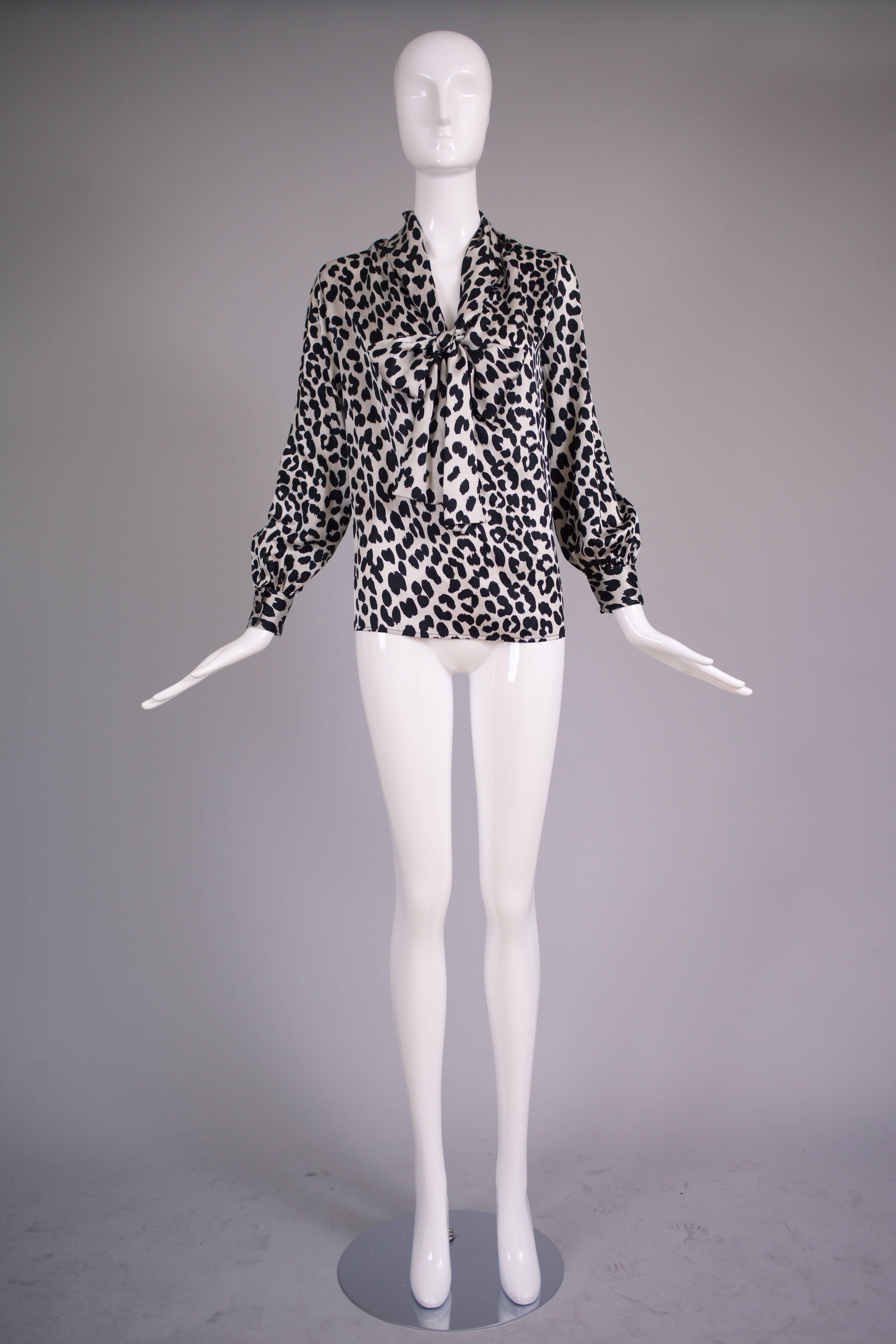 1970s Yves Saint Laurent YSL Silk Black & White Leopard Print Blouse w/Neck Ties 1