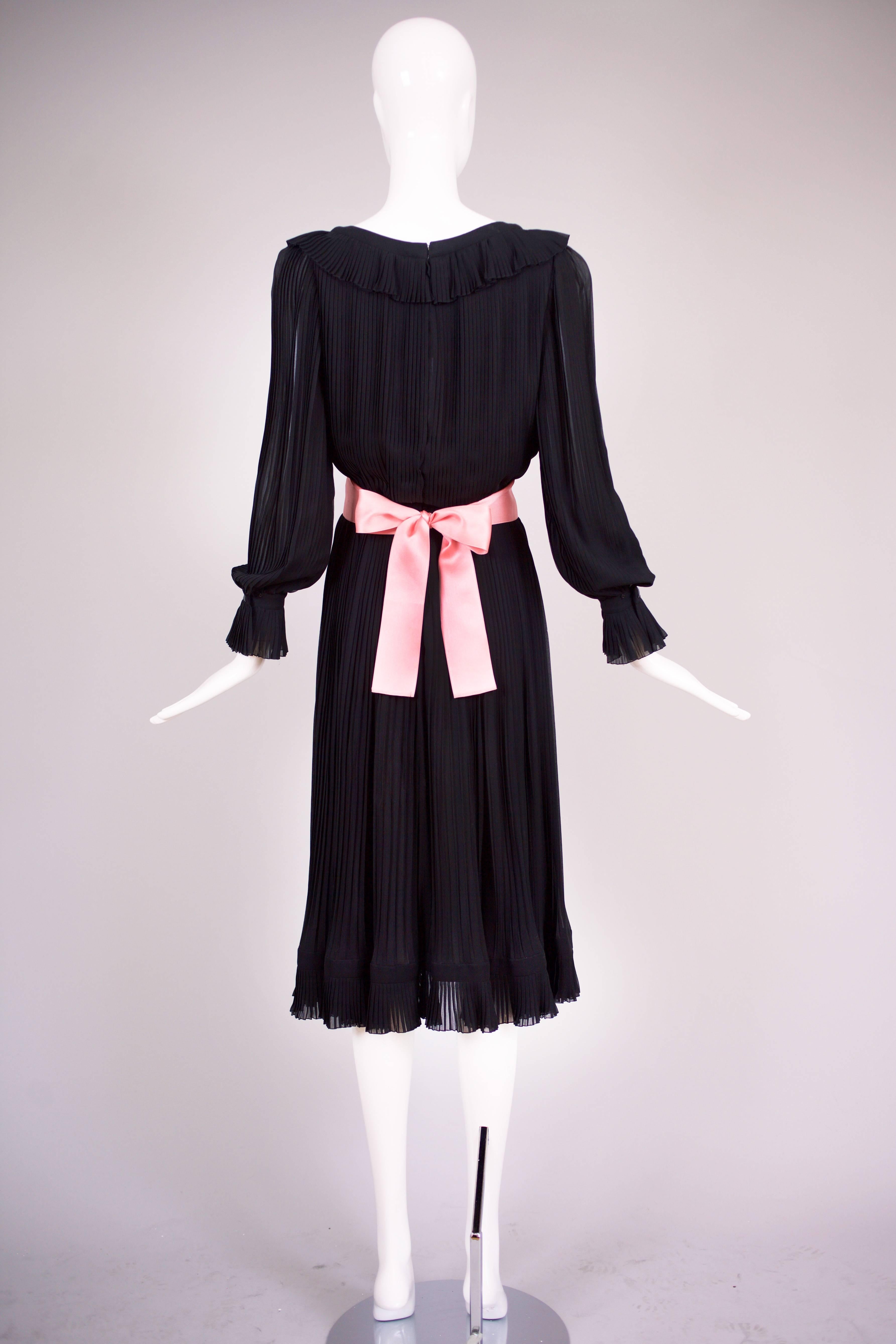 1974 Christian Dior Haute Couture Black Silk Chiffon Pleated Dress No.00299I For Sale 1