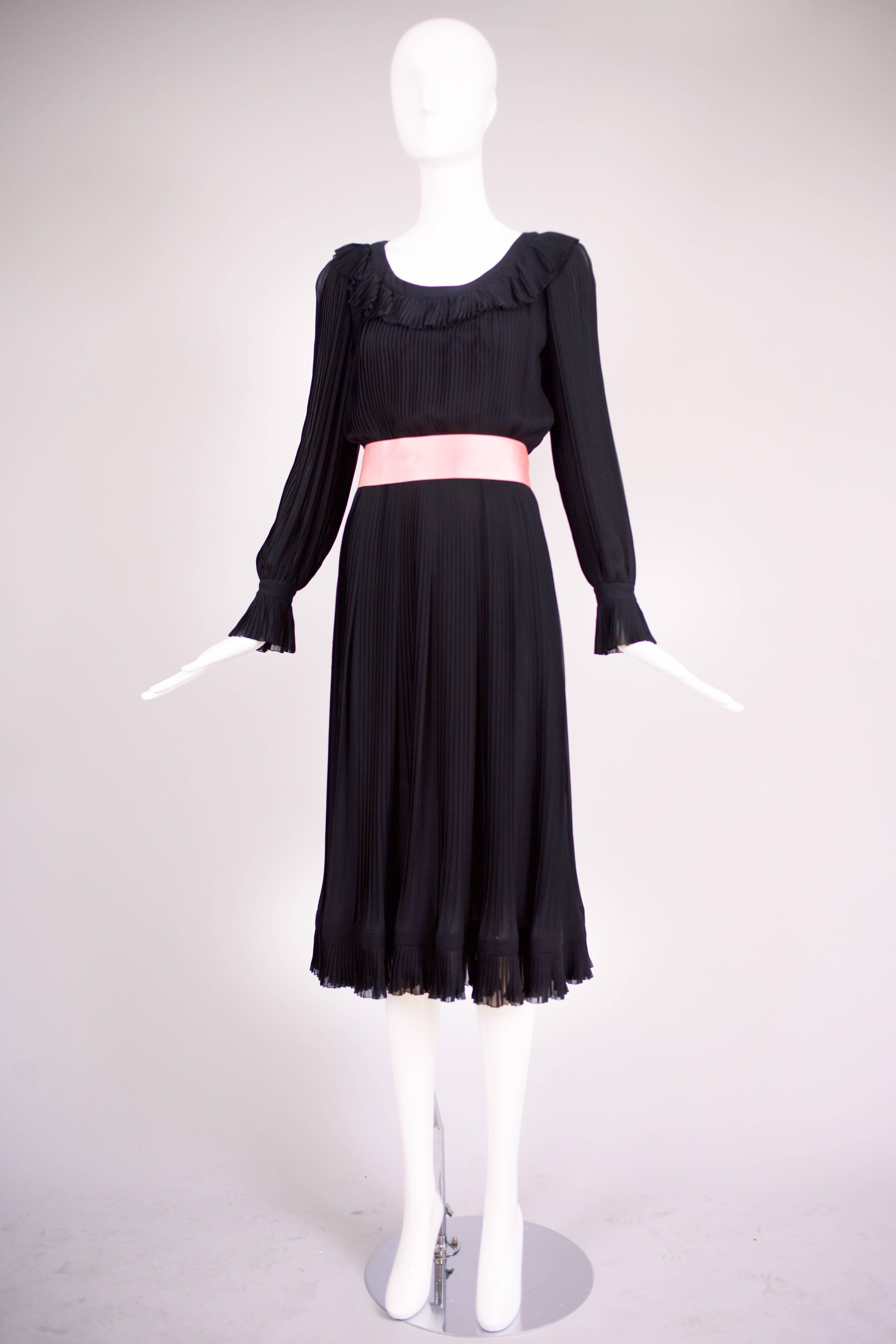 Women's 1974 Christian Dior Haute Couture Black Silk Chiffon Pleated Dress No.00299I For Sale