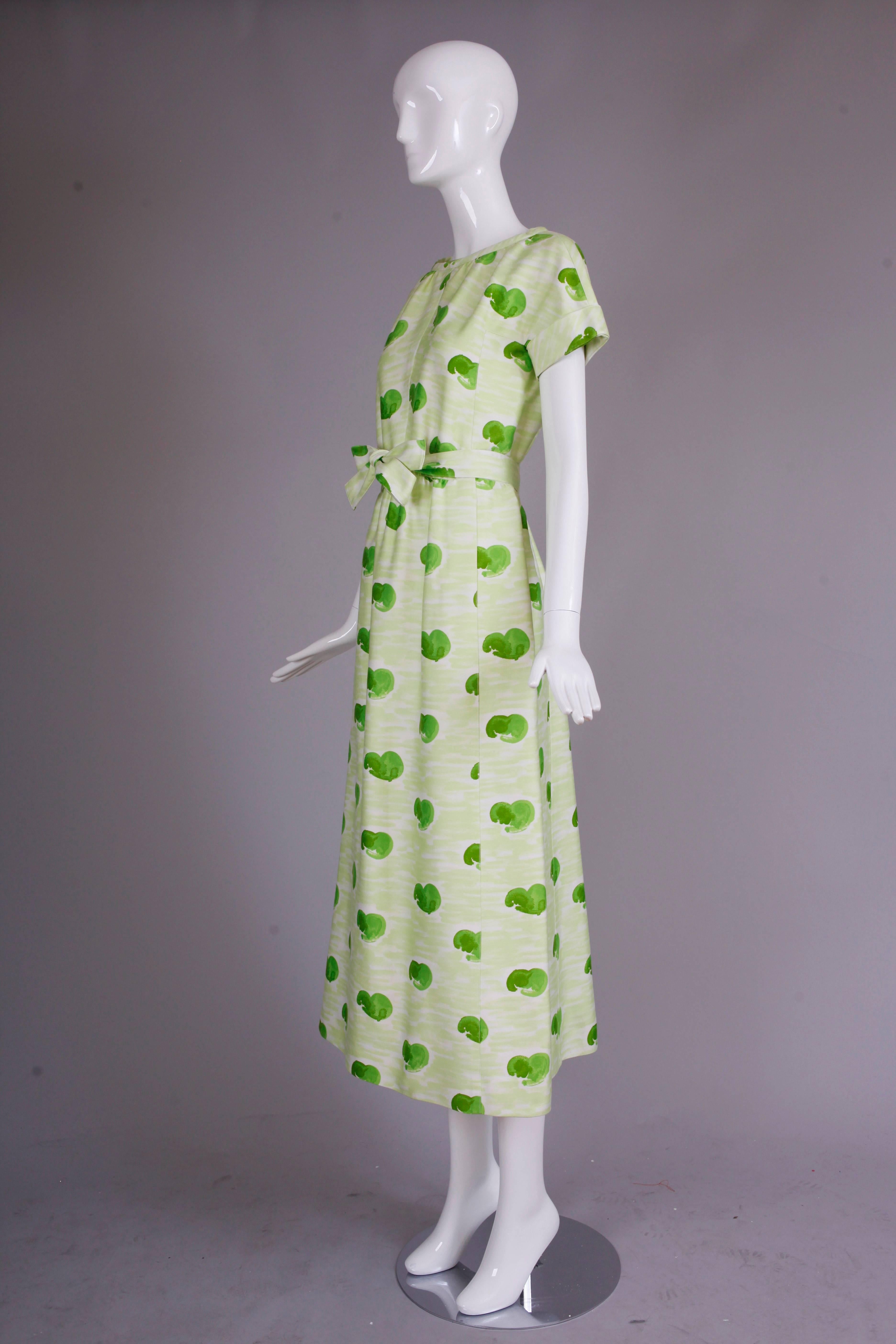 Beige Courreges Polished Cotton Green & White Watercolor Print Day Dress Ca.1975