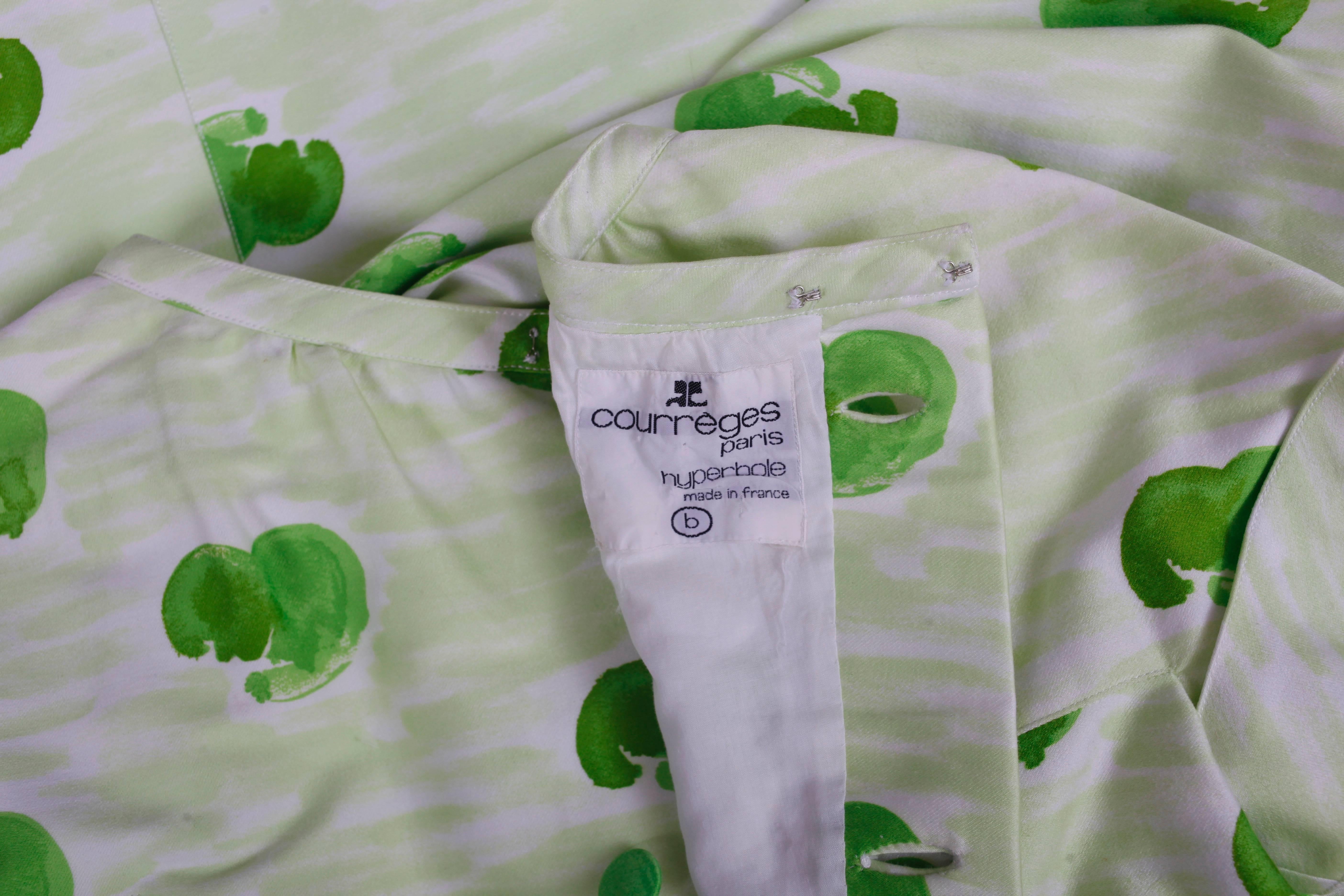 Women's Courreges Polished Cotton Green & White Watercolor Print Day Dress Ca.1975