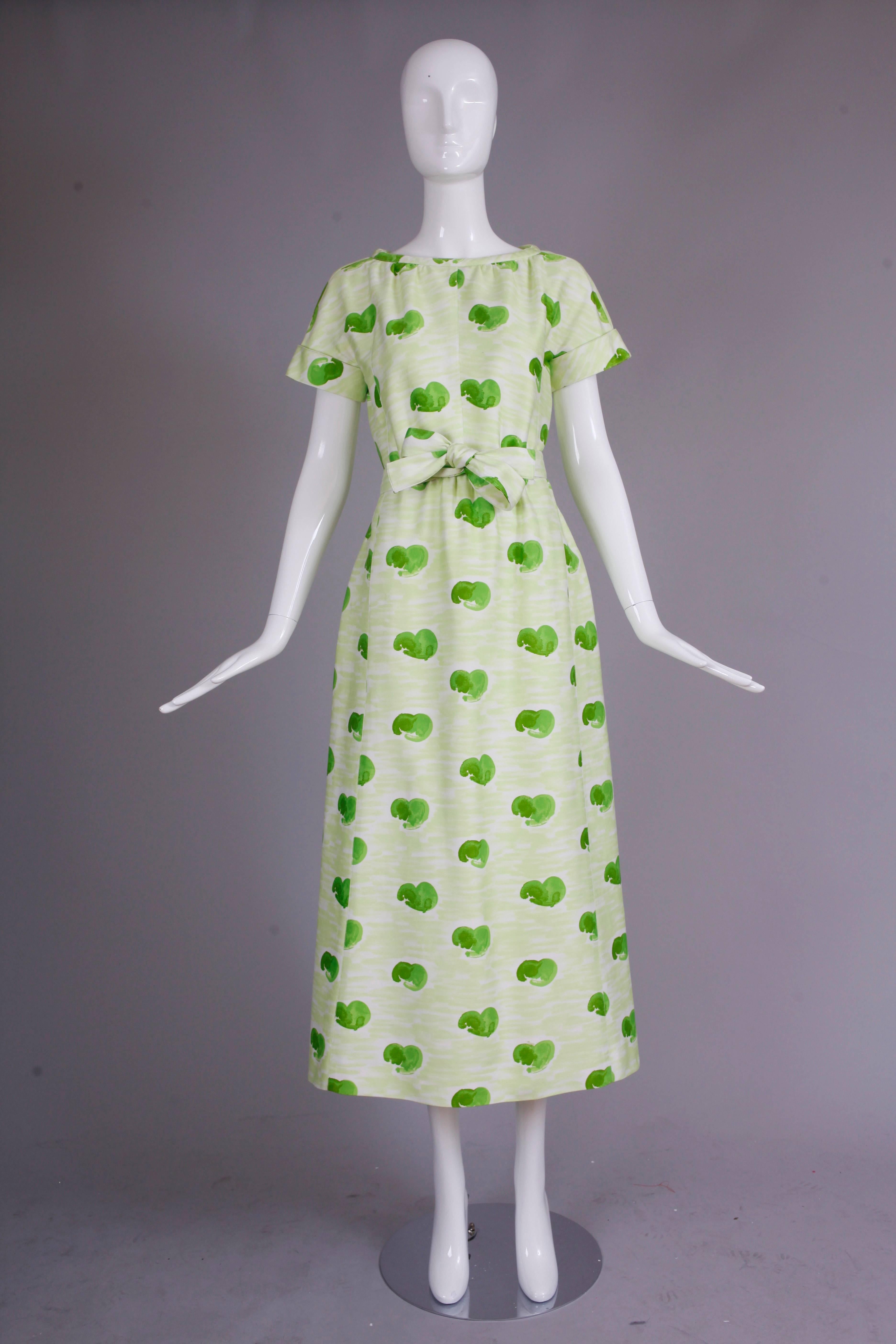 Courreges Polished Cotton Green & White Watercolor Print Day Dress Ca.1975 In Excellent Condition In Studio City, CA