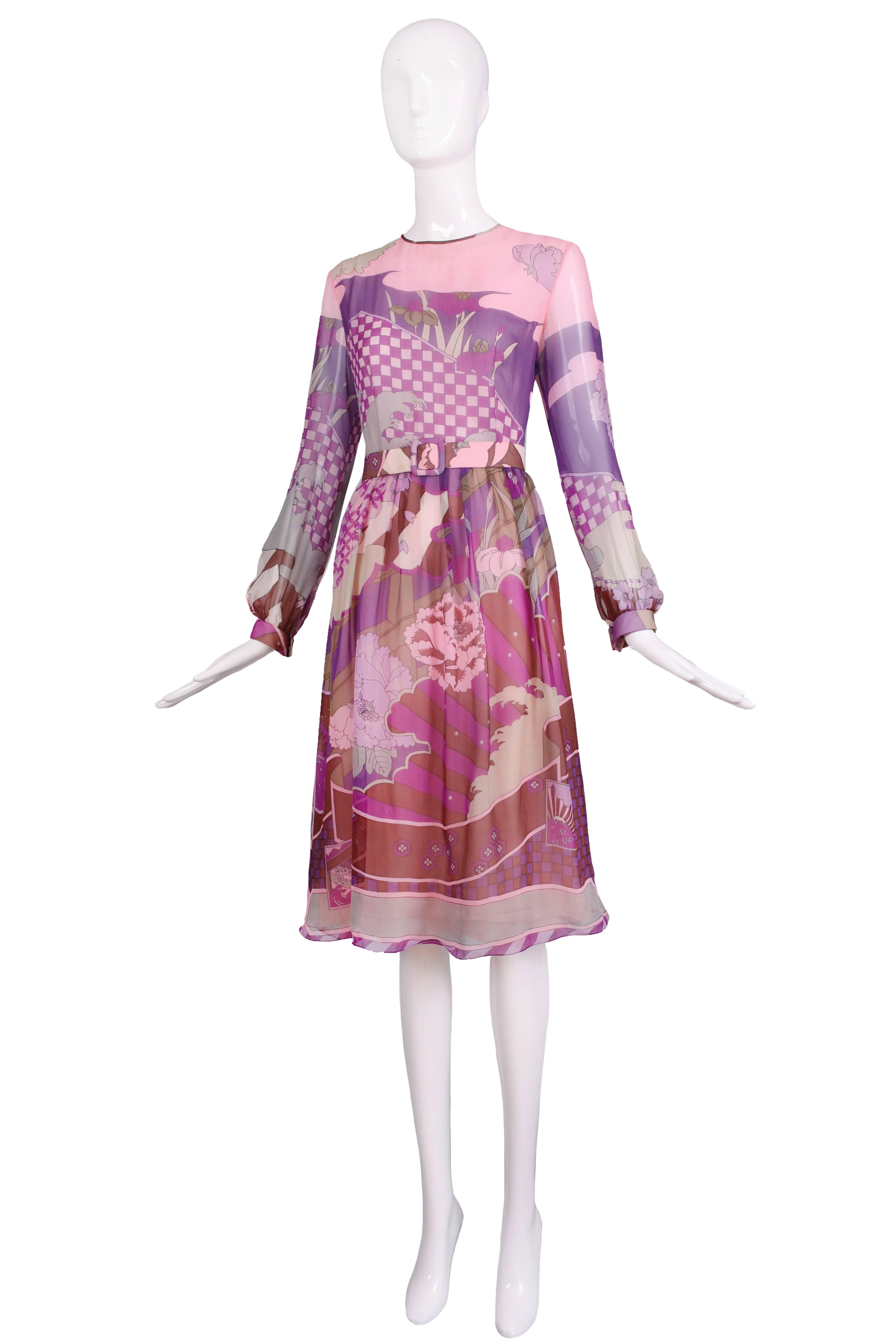 Hanae Mori couture chiffon double layered chiffon printed day dress with matching belt. Tag size 8. In very good to excellent condition with a handful of light spots and a few pulls at the front that are more the nature of the fabric than a defect.