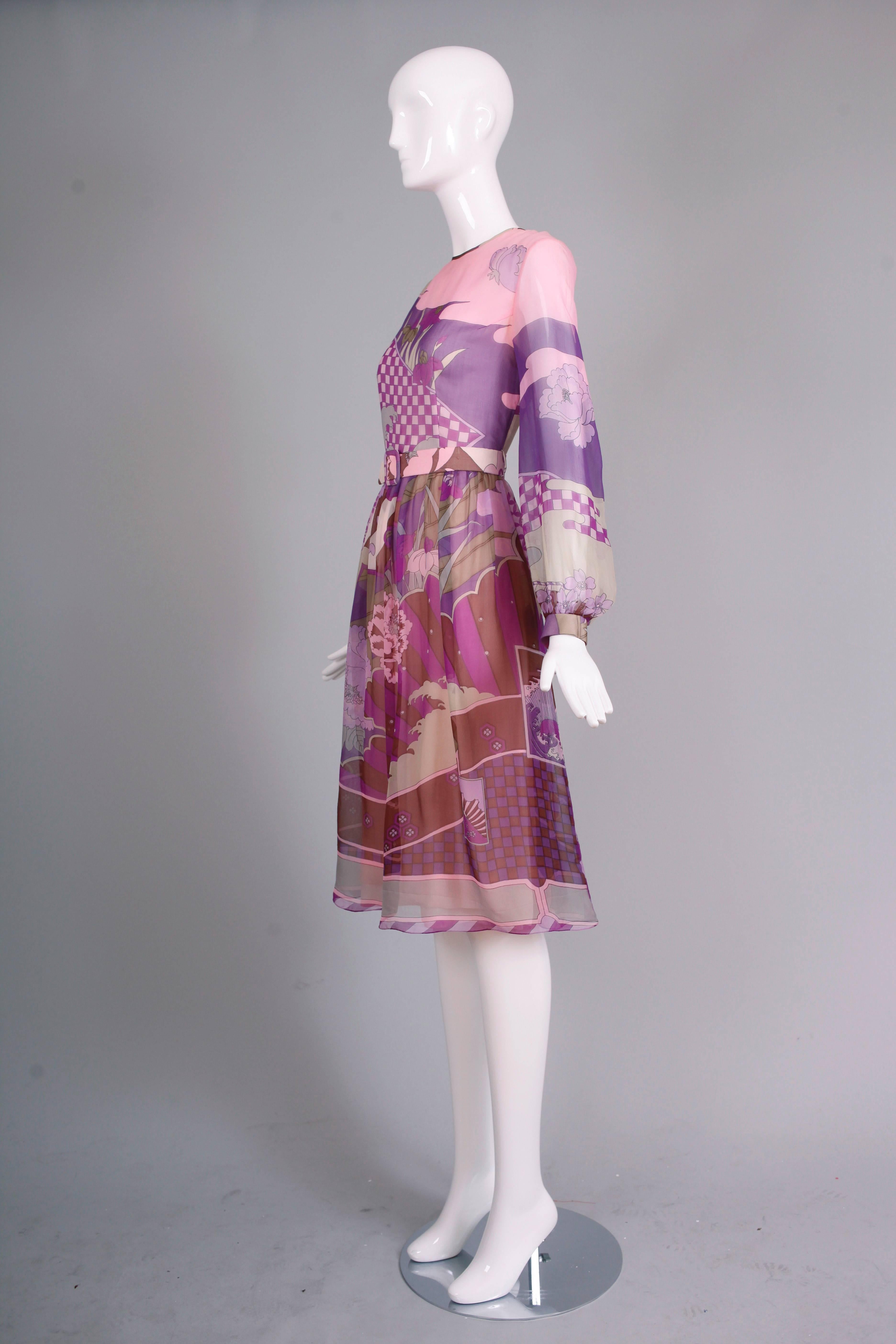 Hanae Mori Couture Chiffon Layered Day Dress w/Whimsical Print & Matching Belt In Good Condition In Studio City, CA