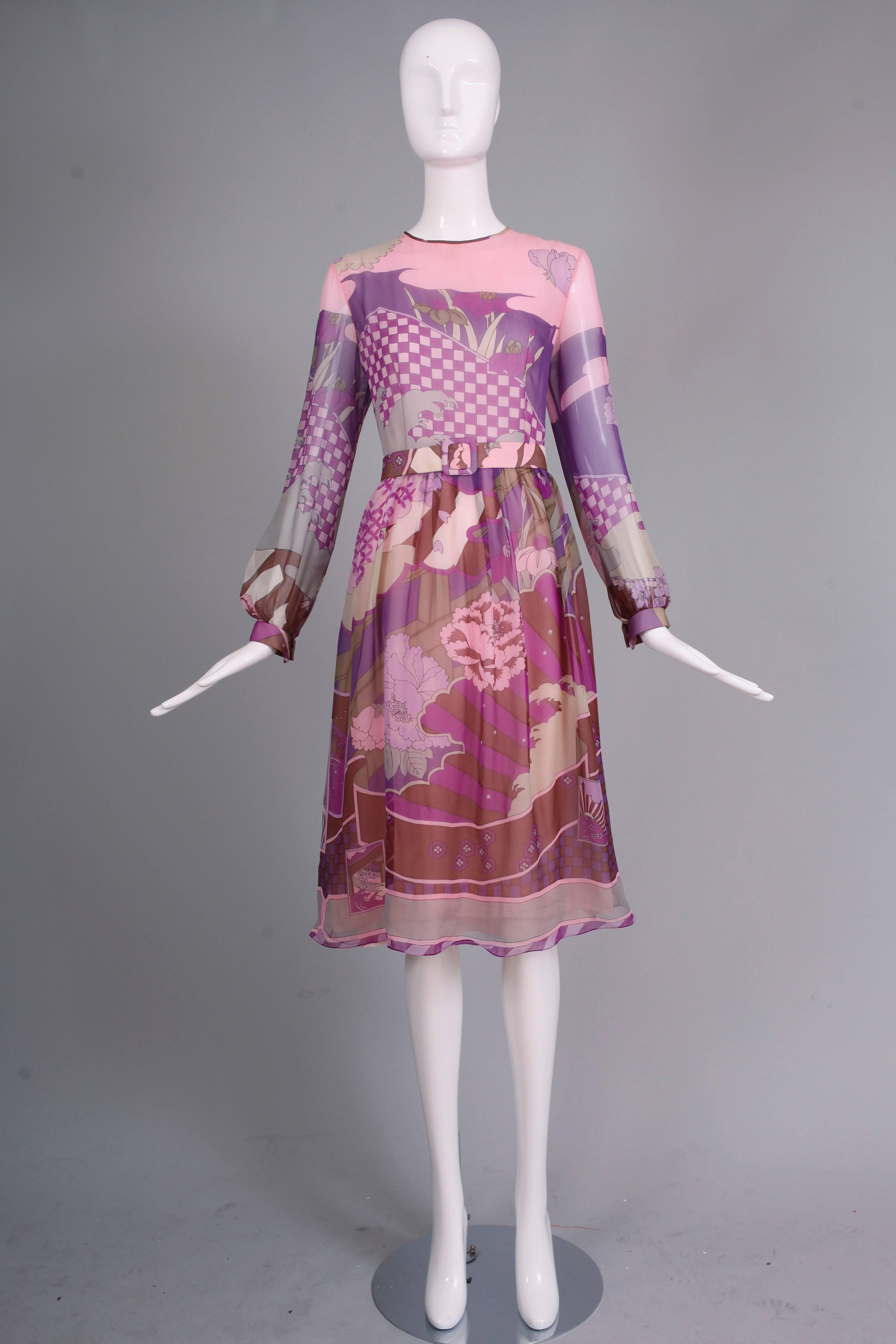 Brown Hanae Mori Couture Chiffon Layered Day Dress w/Whimsical Print & Matching Belt
