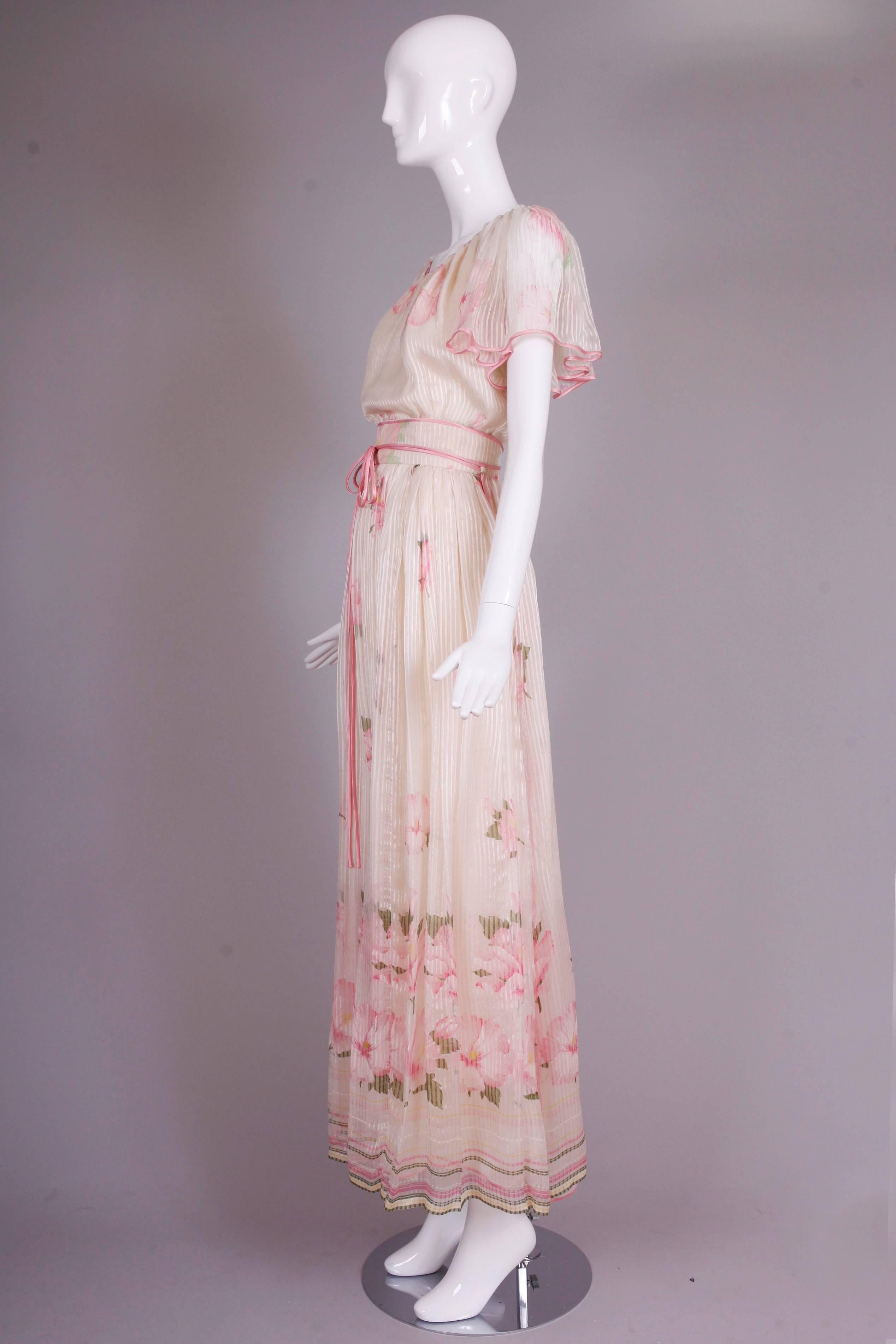 Beige Valentino Haute Couture Floral Print Silk Chiffon Blouse & Skirt Ensemble For Sale