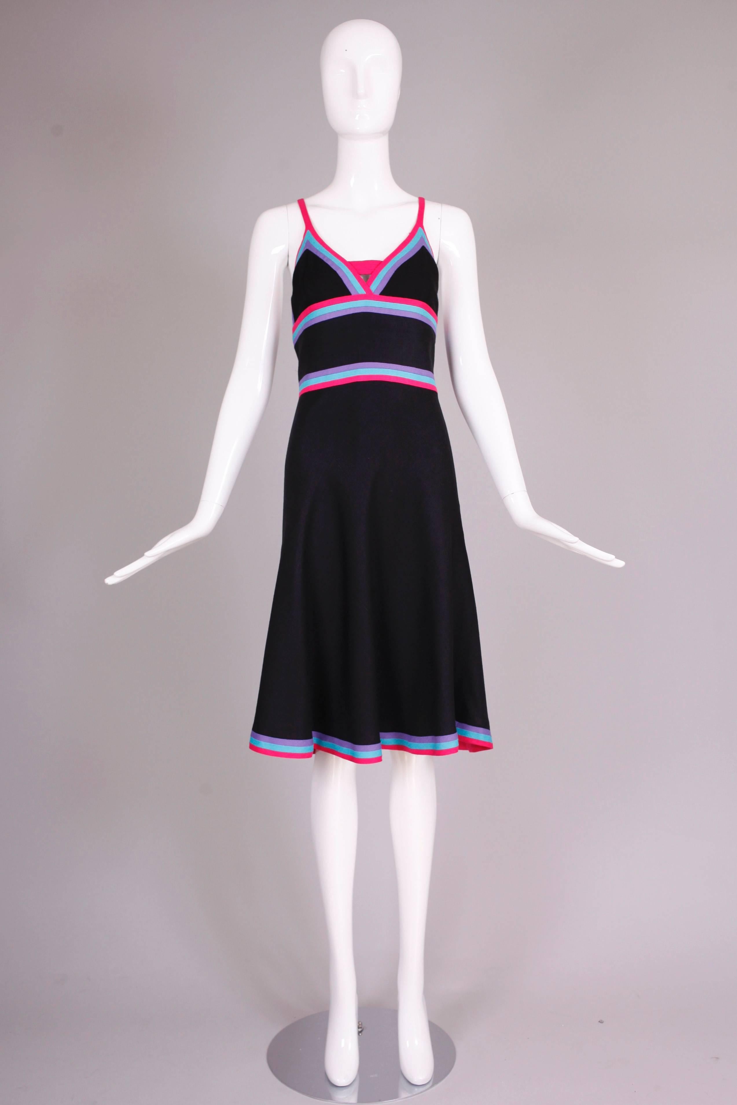 1970's Louis Feraud Black Linen Day Dress w/Stripes In Excellent Condition In Studio City, CA