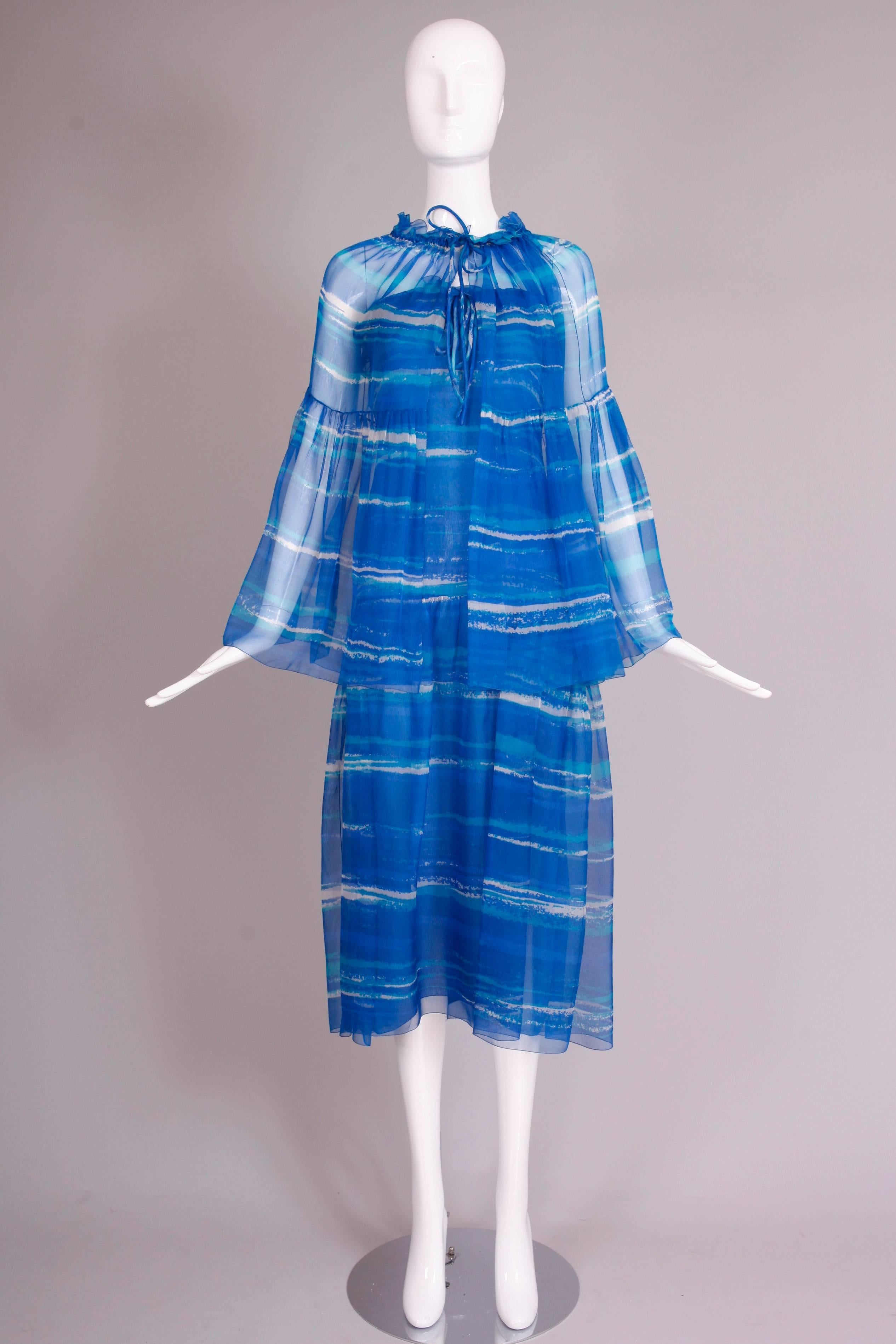 1977 Christian Dior Haute Couture Chiffon Watercolor Print Dress & Cape No.0888 In Good Condition In Studio City, CA