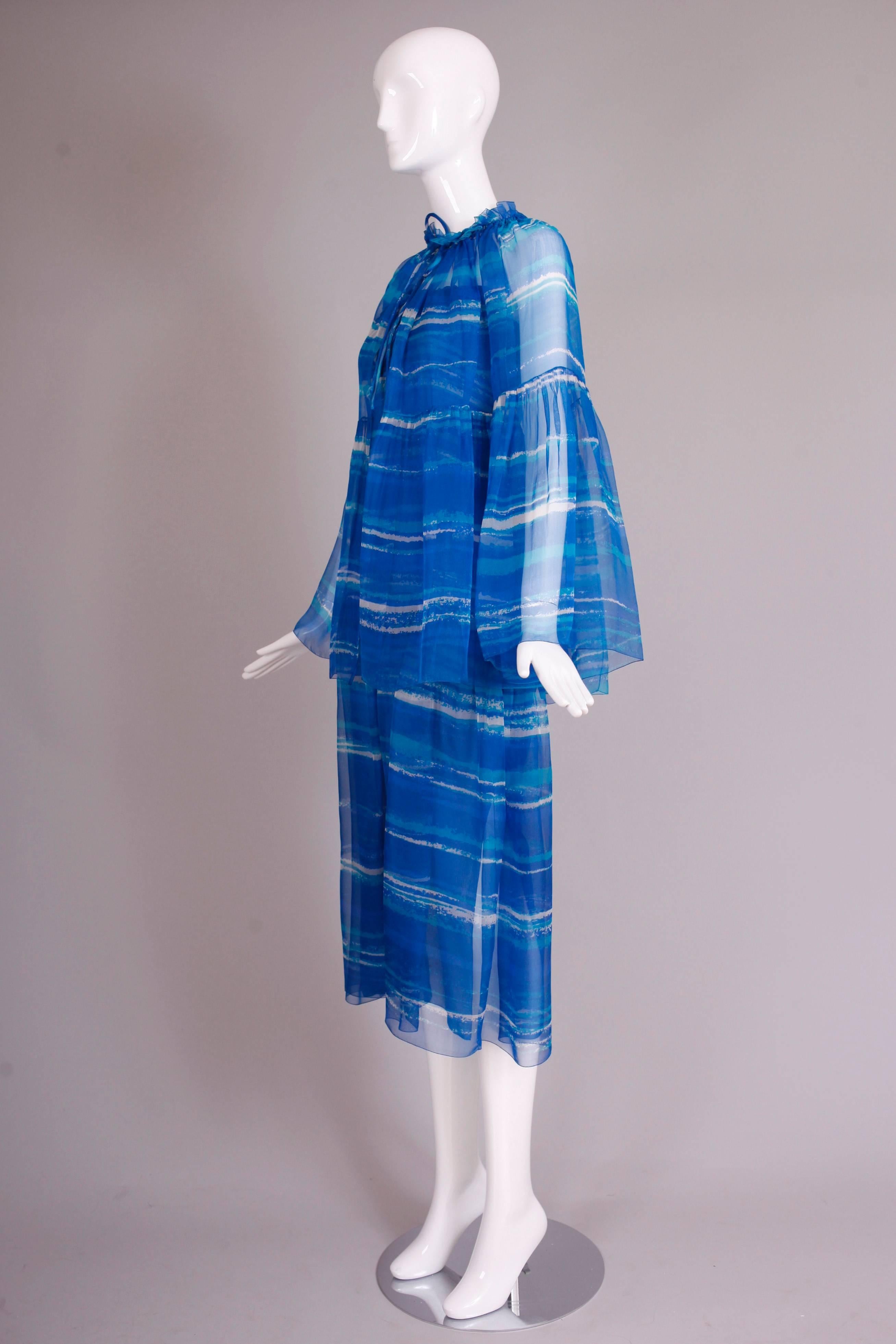 Women's 1977 Christian Dior Haute Couture Chiffon Watercolor Print Dress & Cape No.0888
