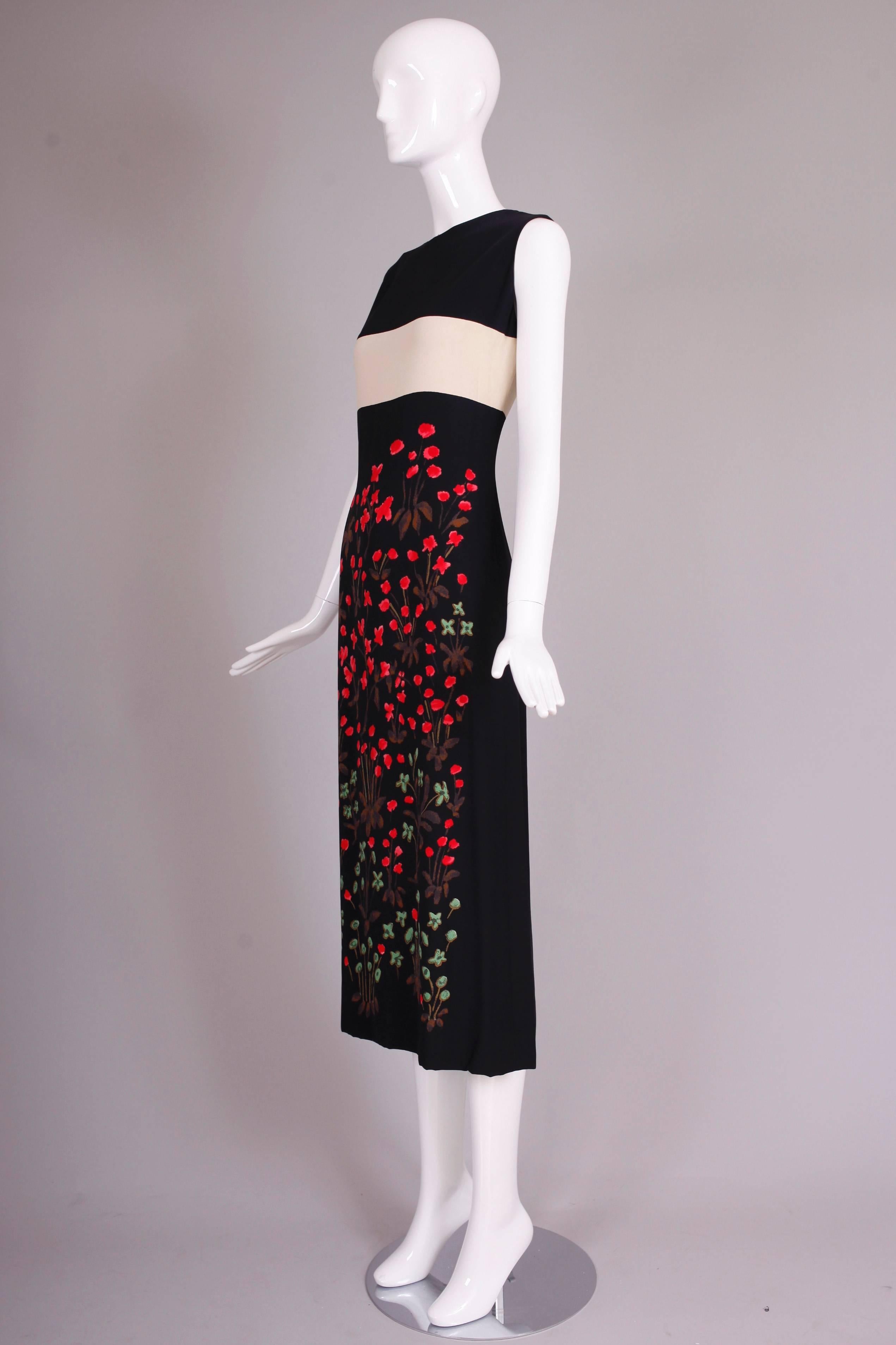 Black Galanos Sleeveless Silk Hand-Painted Floral Cocktail Dress Evening Gown 