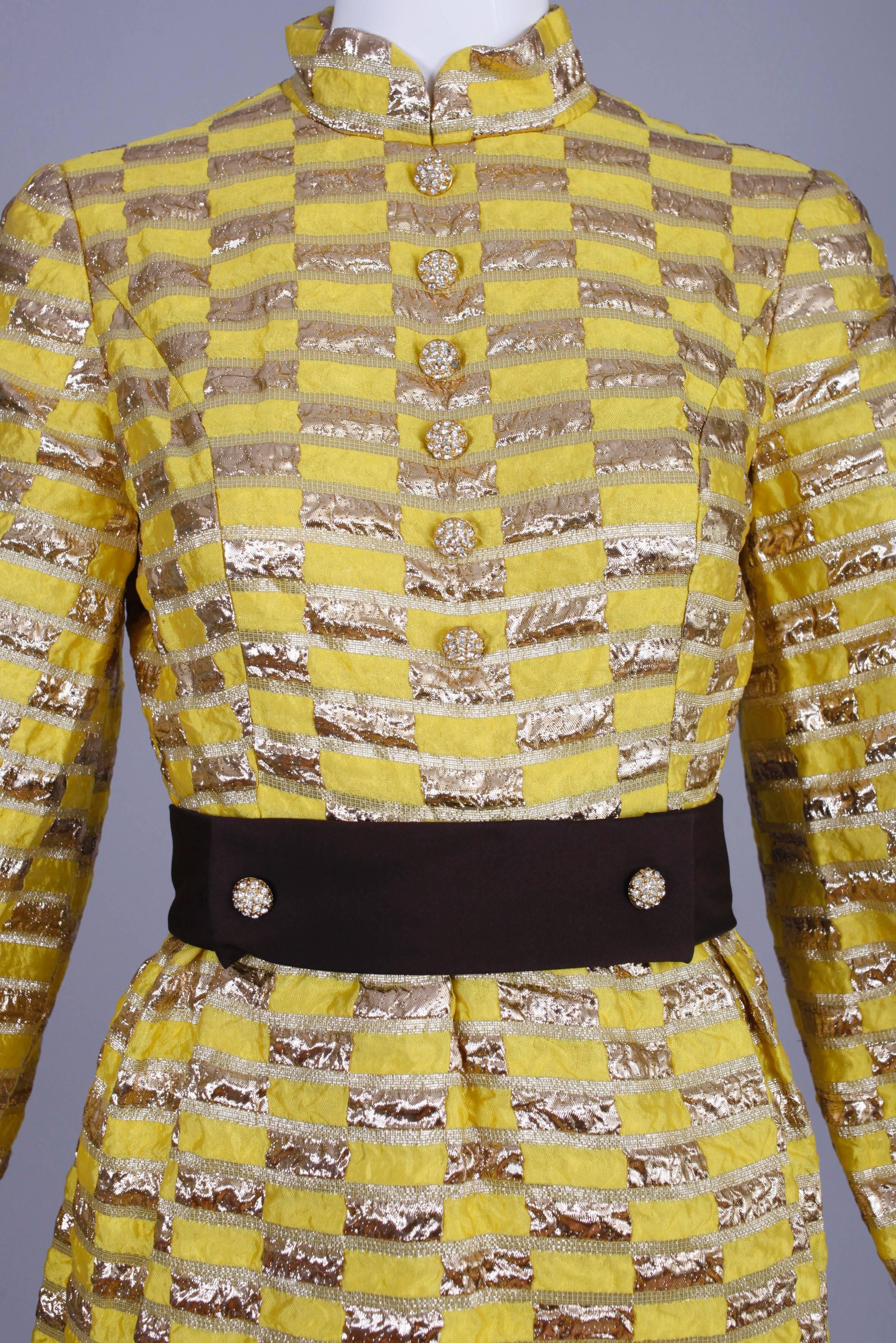 Women's 1970's Oscar de la Renta Yellow & Gold Lame Cocktail Dress